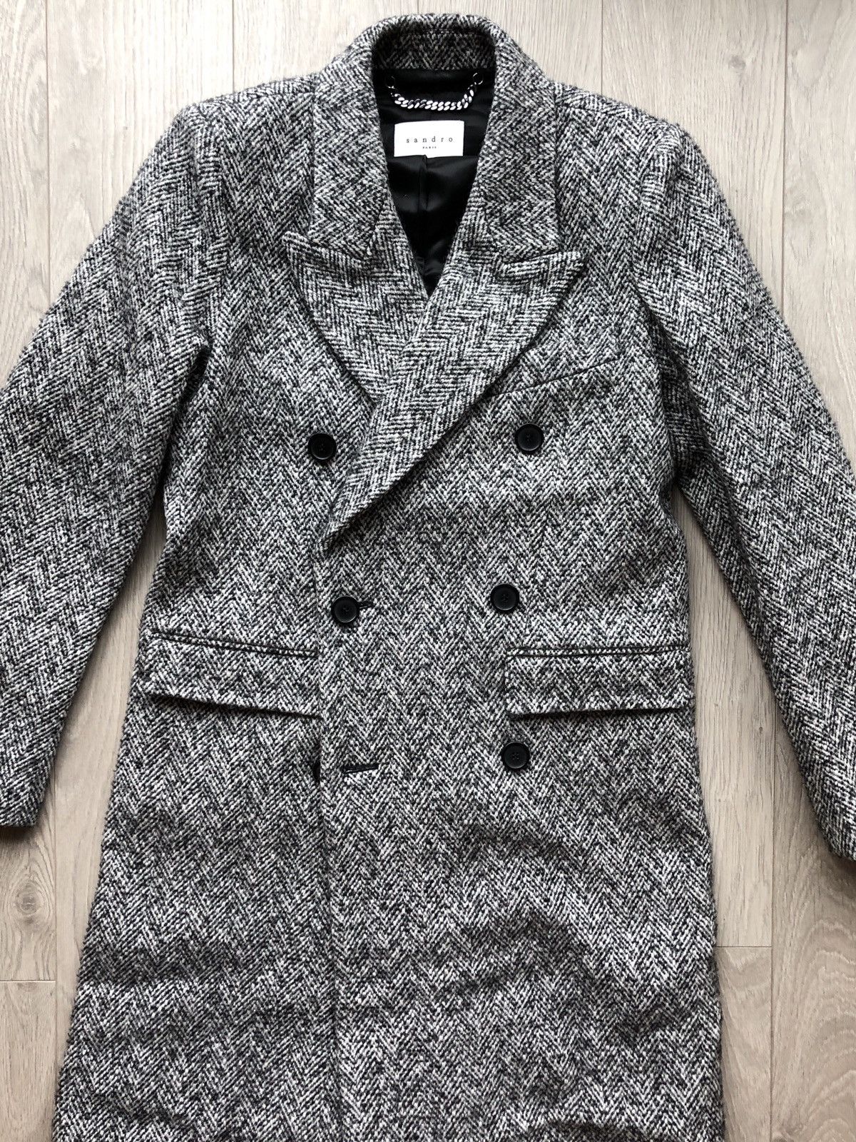 Sandro Verlaine Tweed Double Breasted Peak Lapel Topcoat Overcoat Size US S / EU 44-46 / 1 - 1 Thumbnail