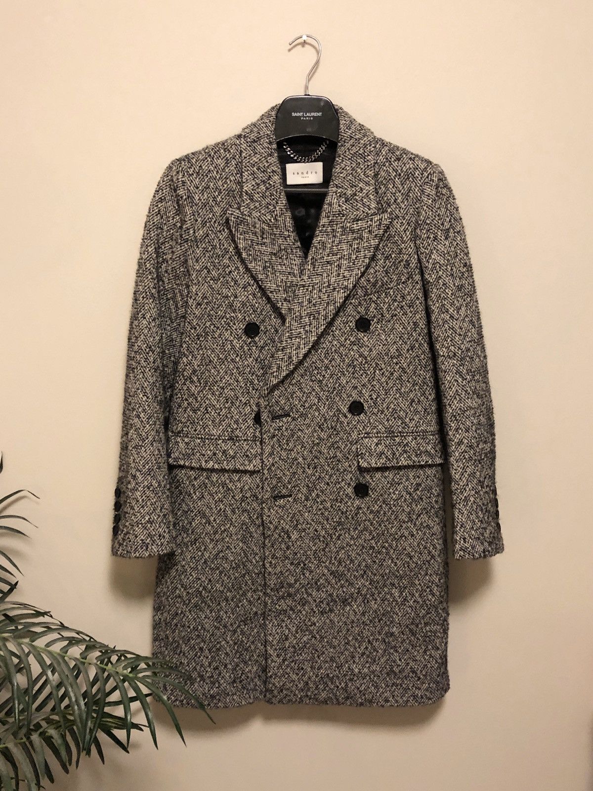 Sandro Verlaine Tweed Double Breasted Peak Lapel Topcoat Overcoat Size US S / EU 44-46 / 1 - 10 Thumbnail
