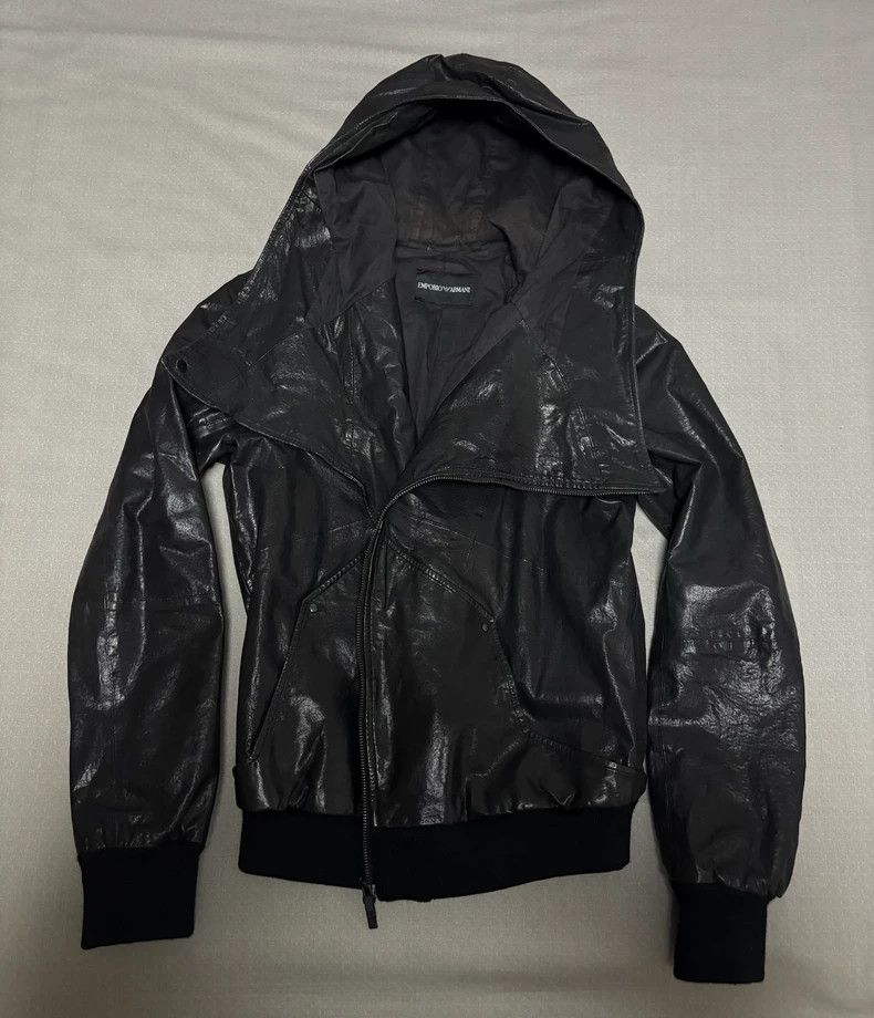 Emporio Armani Black Deconstructed Hooded Leather Jacket Size XL / US 12-14 / IT 48-50 - 8 Thumbnail