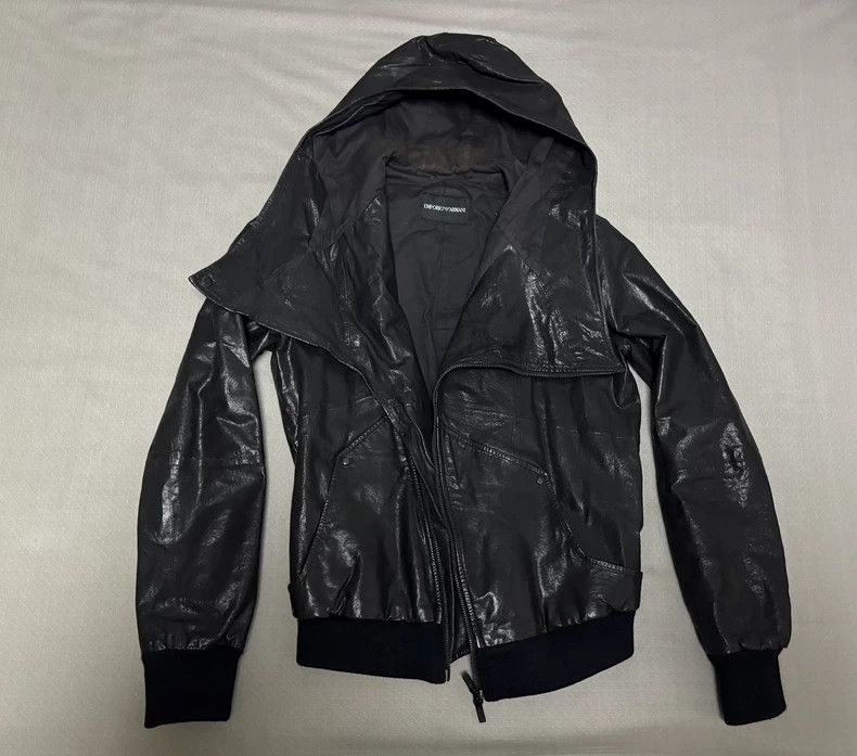 Emporio Armani Black Deconstructed Hooded Leather Jacket Size XL / US 12-14 / IT 48-50 - 4 Thumbnail