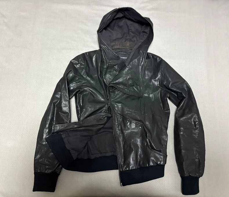 Emporio Armani Black Deconstructed Hooded Leather Jacket Size XL / US 12-14 / IT 48-50 - 2 Thumbnail
