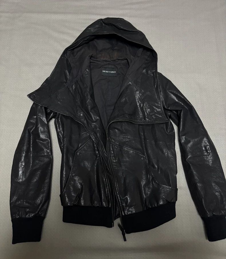 Emporio Armani Black Deconstructed Hooded Leather Jacket Size XL / US 12-14 / IT 48-50 - 5 Thumbnail