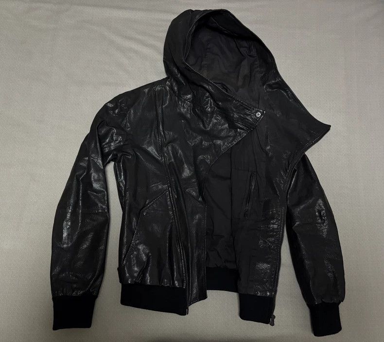 Emporio Armani Black Deconstructed Hooded Leather Jacket Size XL / US 12-14 / IT 48-50 - 3 Thumbnail