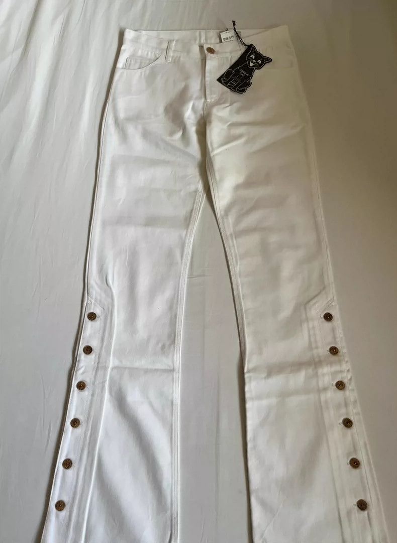 Yohji Yamamoto White Flared Pants with Button Detail Size 29" - 2 Thumbnail