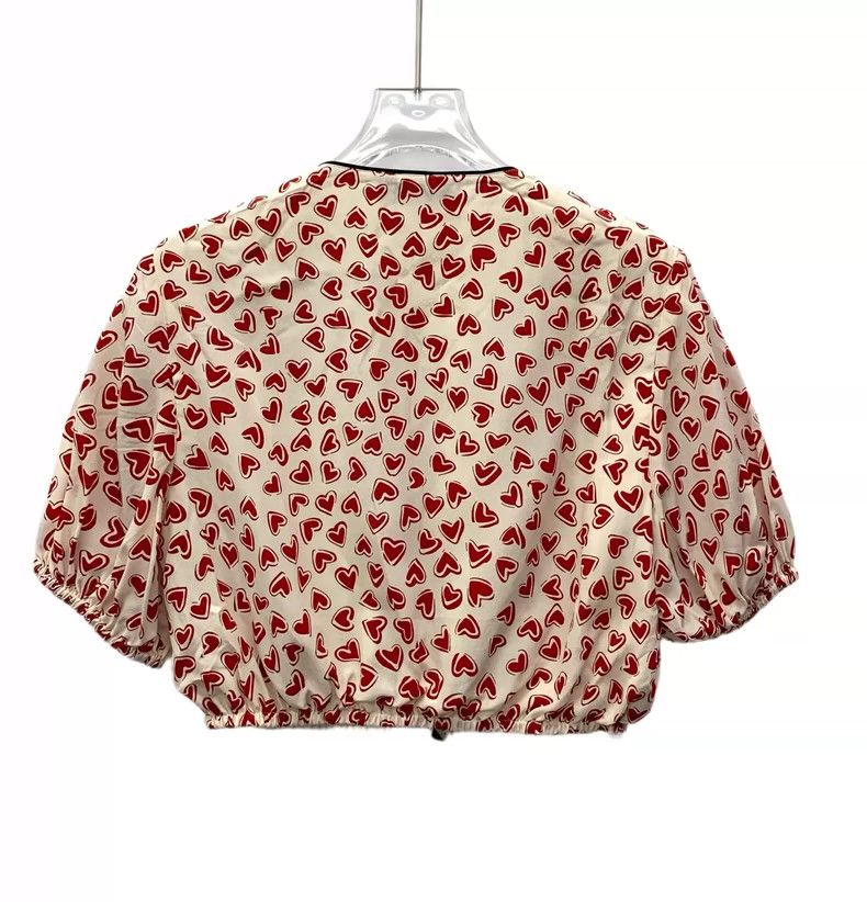 Miu Miu Miu Miu Heart Print Silk V-neck Short Sleeve Shirt Size S / US 4 / IT 40 - 2 Thumbnail