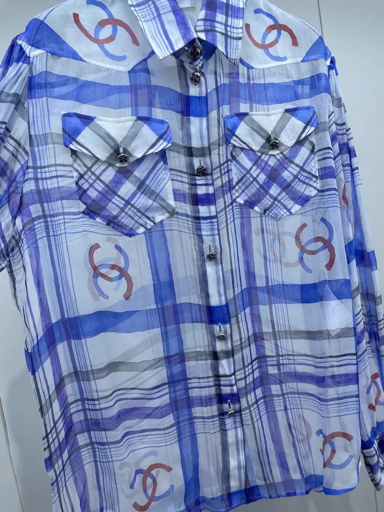 Chanel Chanel Blue White Plaid Silk Shirt Size M / US 6-8 / IT 42-44 - 5 Thumbnail