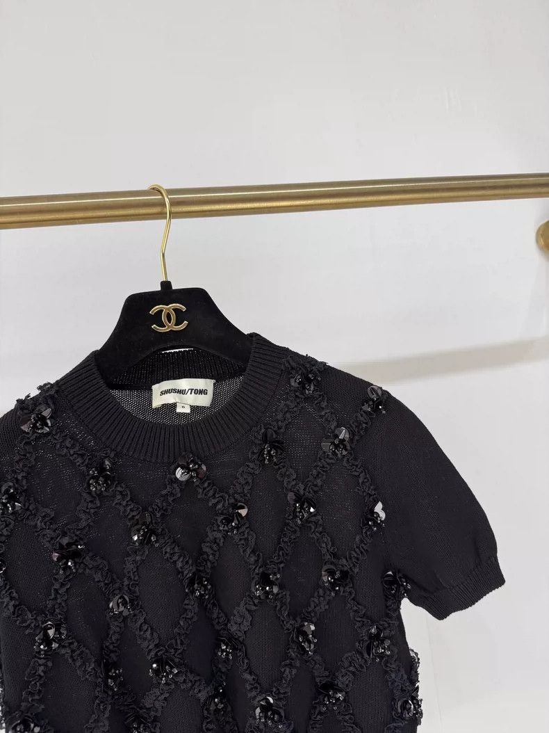 Comme des Garcons New SHUSHUTONG Black Sequin Knit Short Sleeve Size S / US 4 / IT 40 - 3 Thumbnail