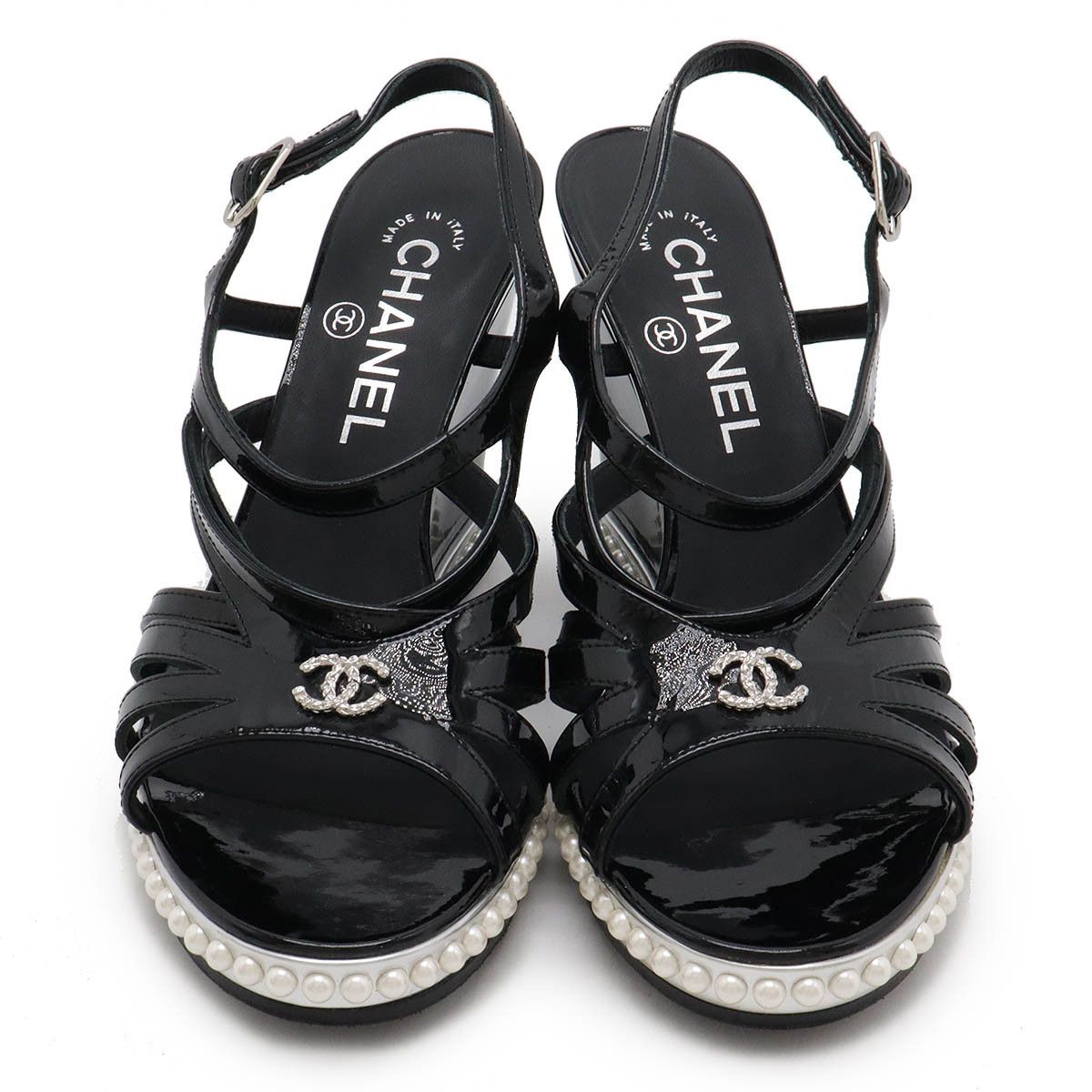 Chanel Chanel Chanel Coco Mark Patent Leather Pearl Wedge Sandals Leather Shoes Size ONE SIZE - 4 Thumbnail