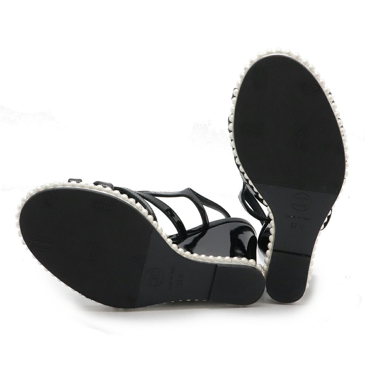 Chanel Chanel Coco Mark Patent Leather Pearl Wedge Sandals Leather