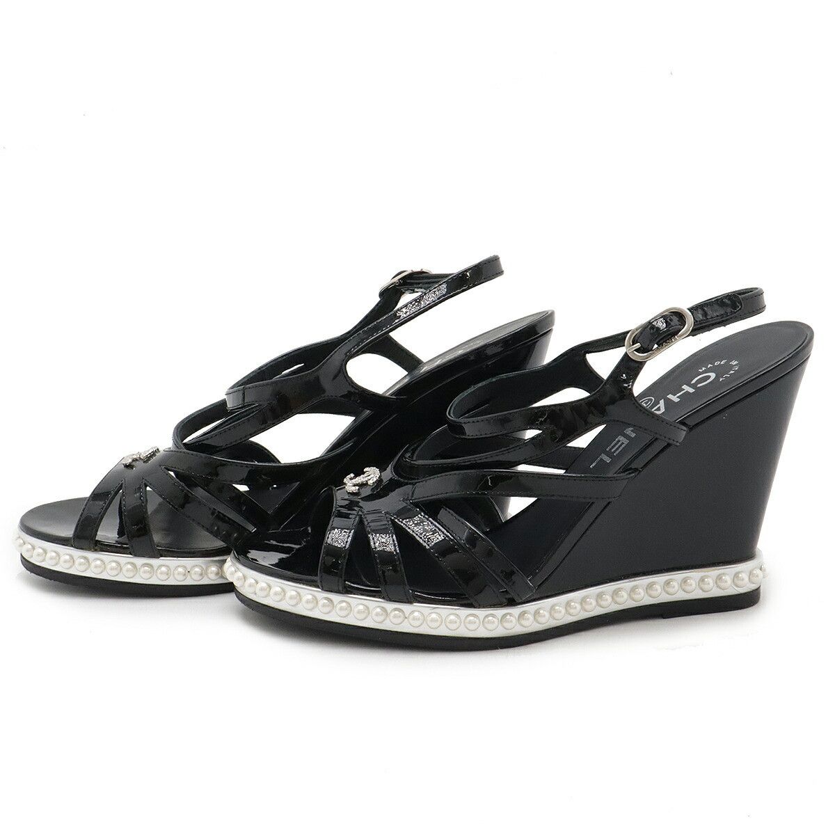 Chanel Chanel Chanel Coco Mark Patent Leather Pearl Wedge Sandals Leather Shoes Size ONE SIZE - 2 Thumbnail