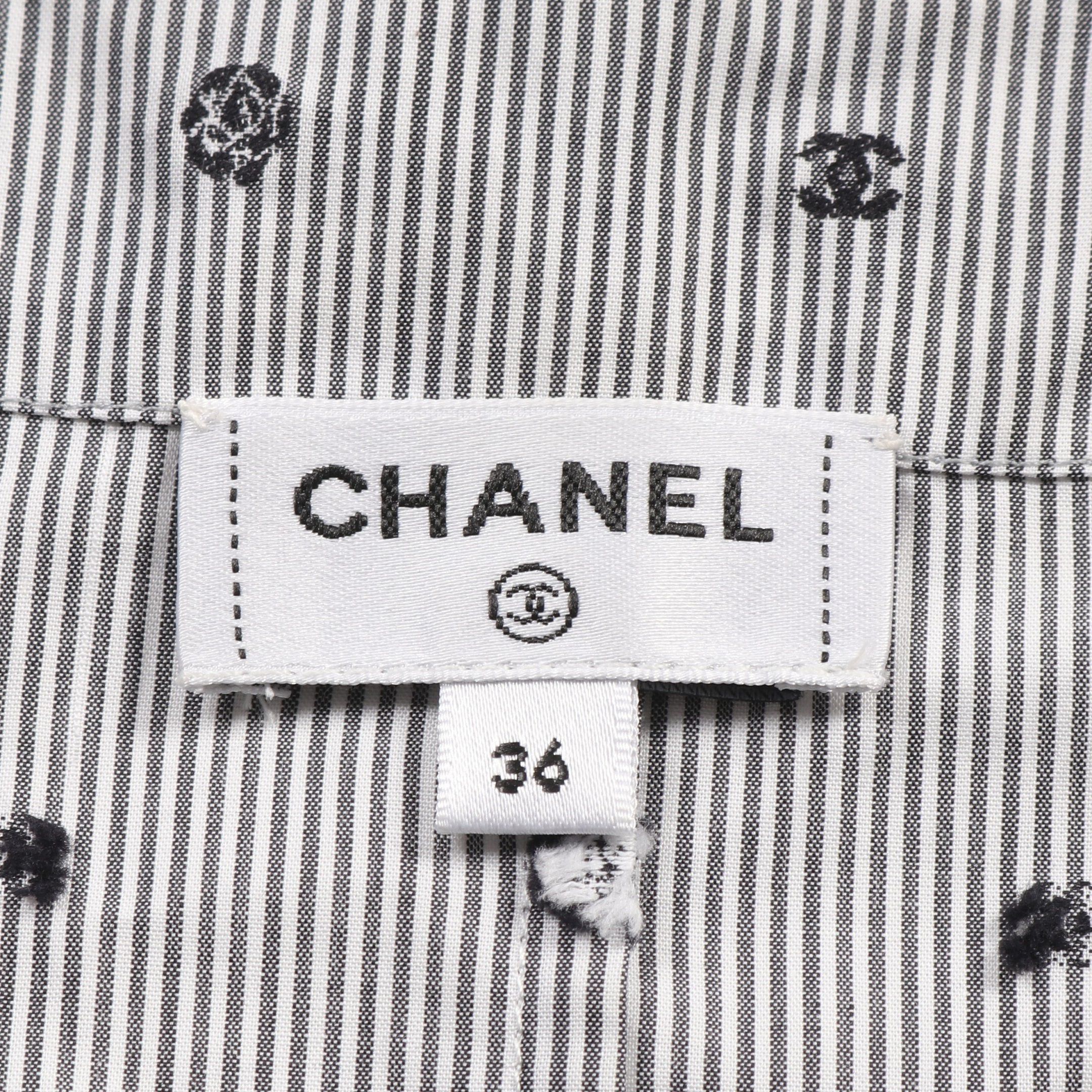 Chanel Chanel Coco Mark Camellia Blouse Stripe Rhinestone Cotton Gray White Size ONE SIZE - 3 Thumbnail