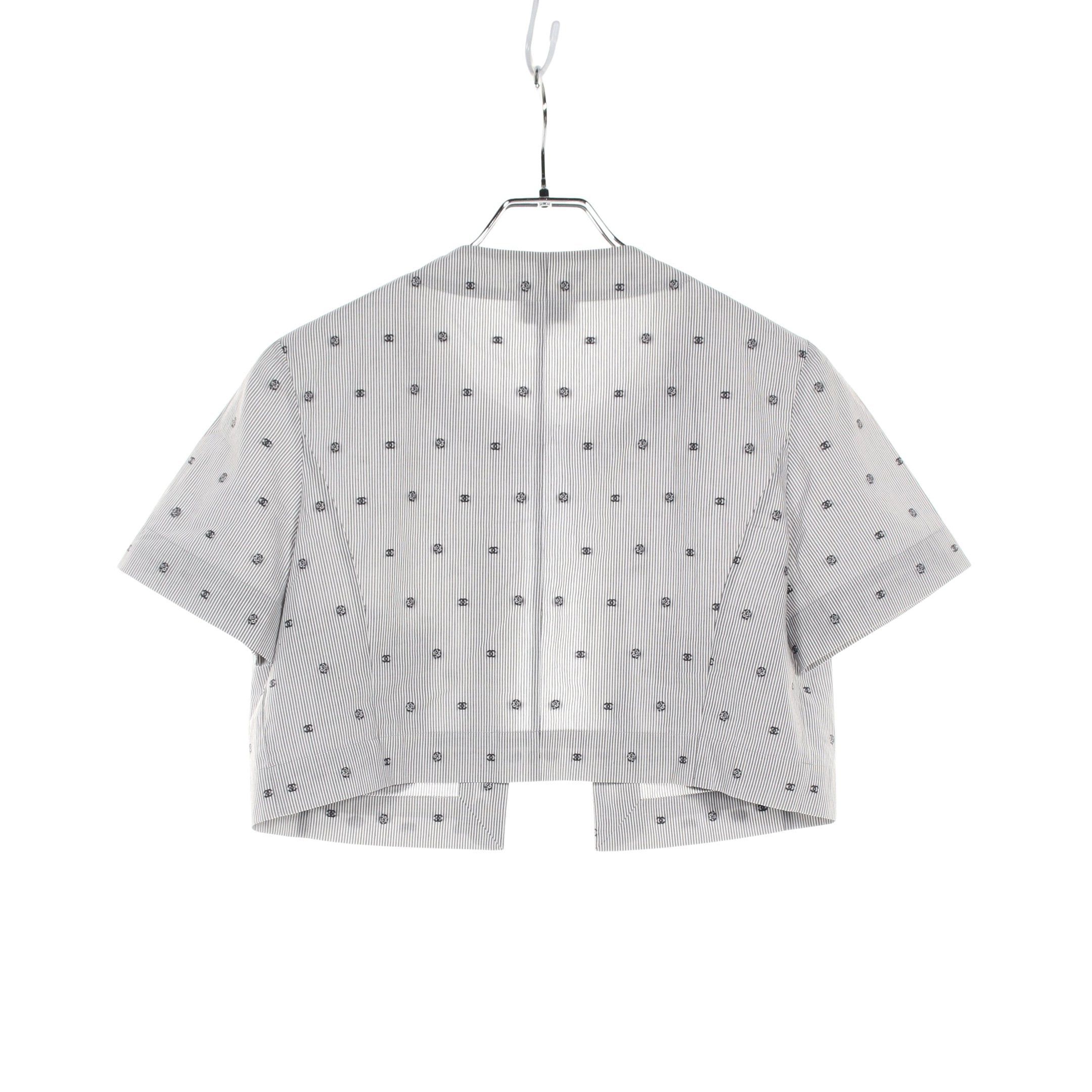 Chanel Chanel Coco Mark Camellia Blouse Stripe Rhinestone Cotton Gray White Size ONE SIZE - 2 Thumbnail