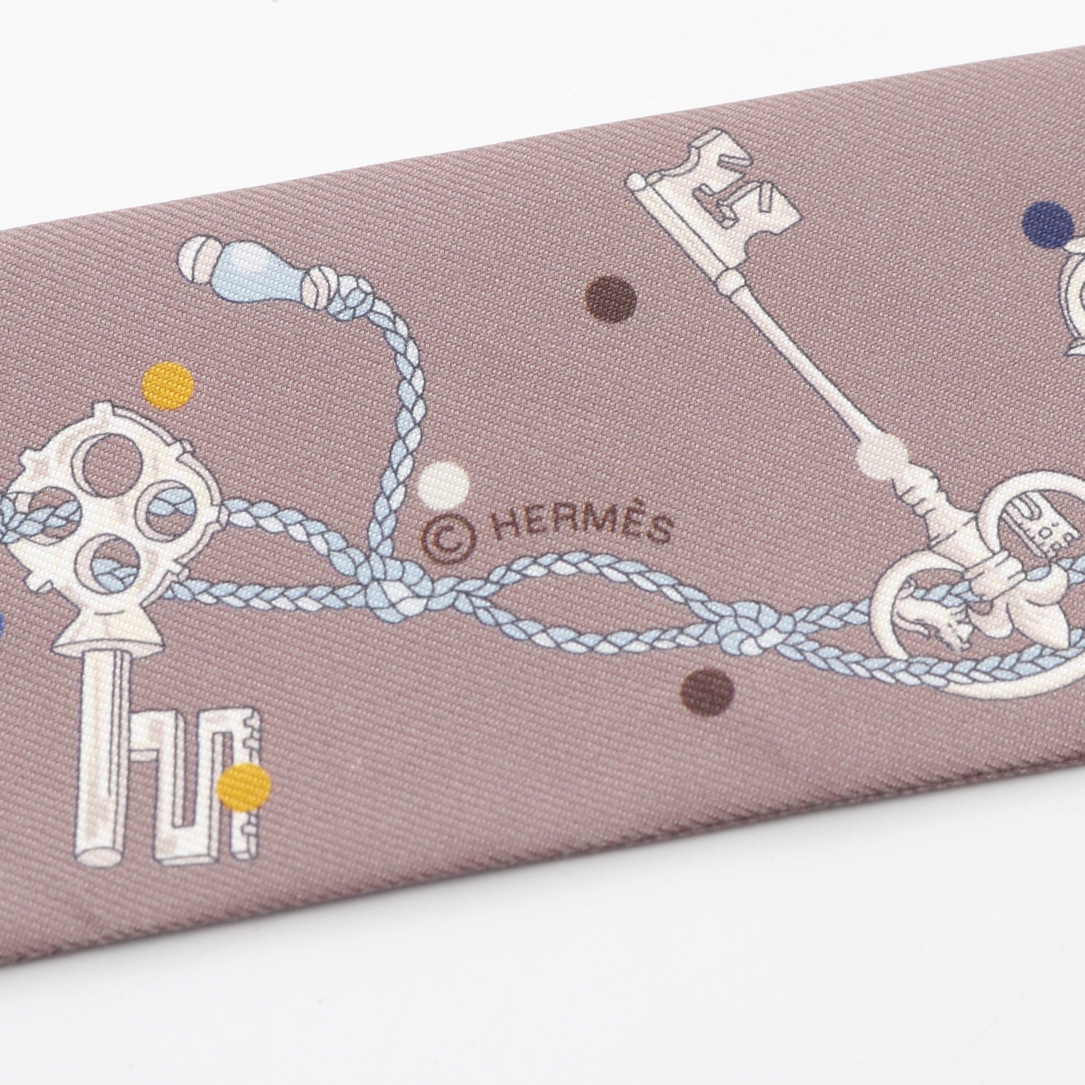Hermes Hermes Twilly Les Cles A Pois Ribbon Scarf Silk Gray Brown Multicolor Size ONE SIZE - 2 Thumbnail