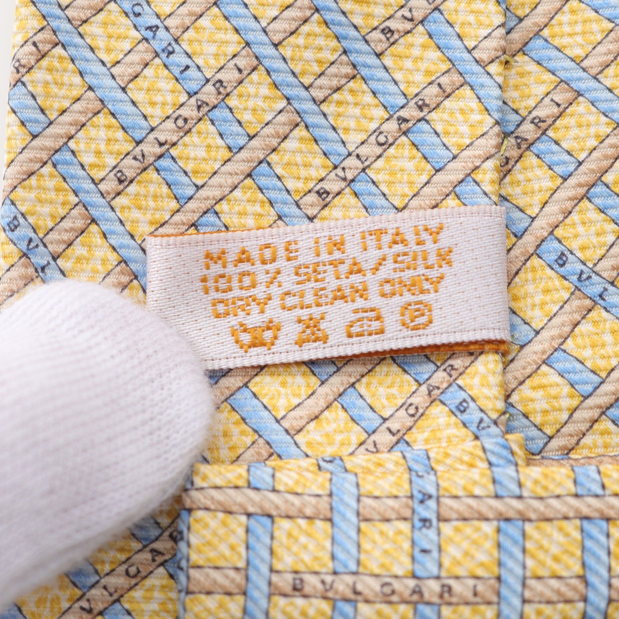 Bvlgari Bvlgari Tie Check Silk Light Yellow Beige Blue Size ONE SIZE - 5 Thumbnail