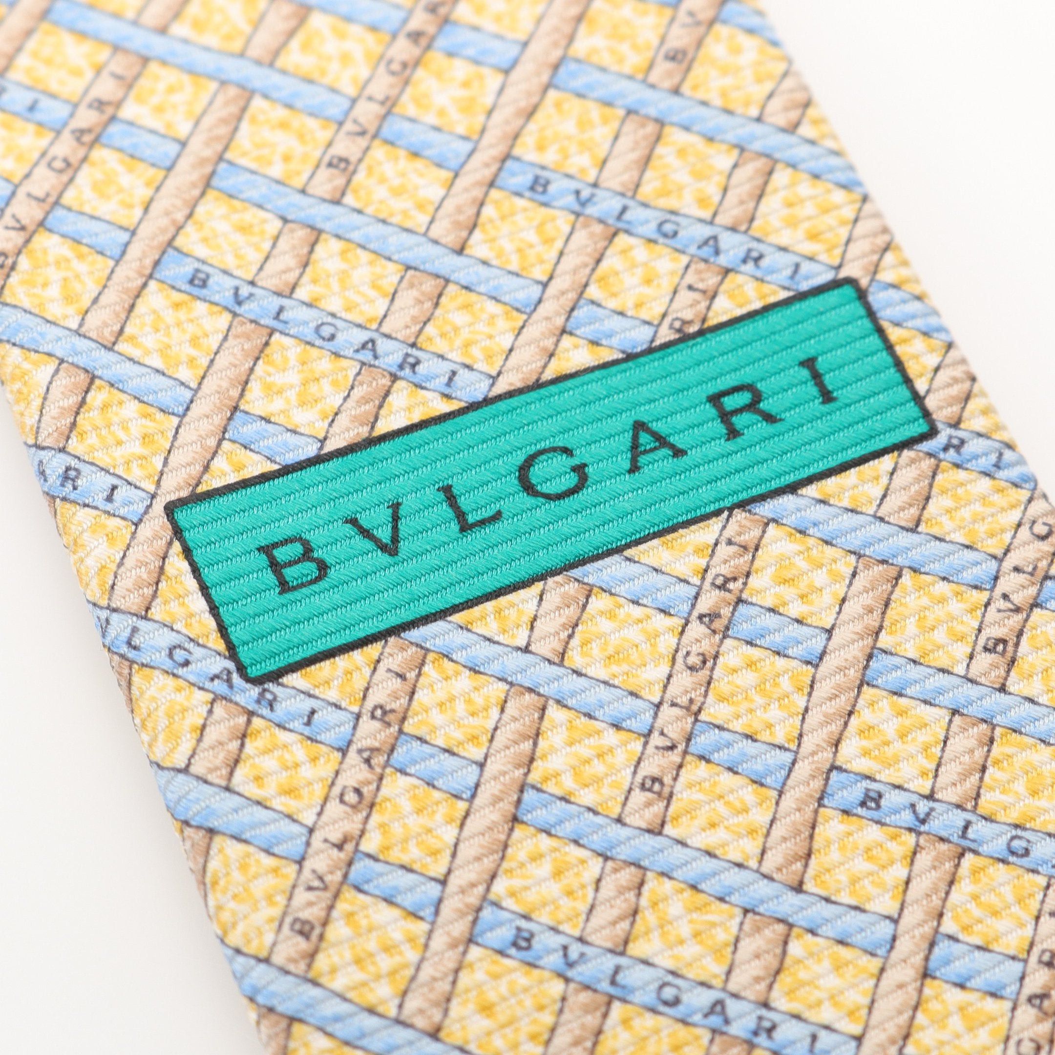 Bvlgari Bvlgari Tie Check Silk Light Yellow Beige Blue Size ONE SIZE - 6 Thumbnail