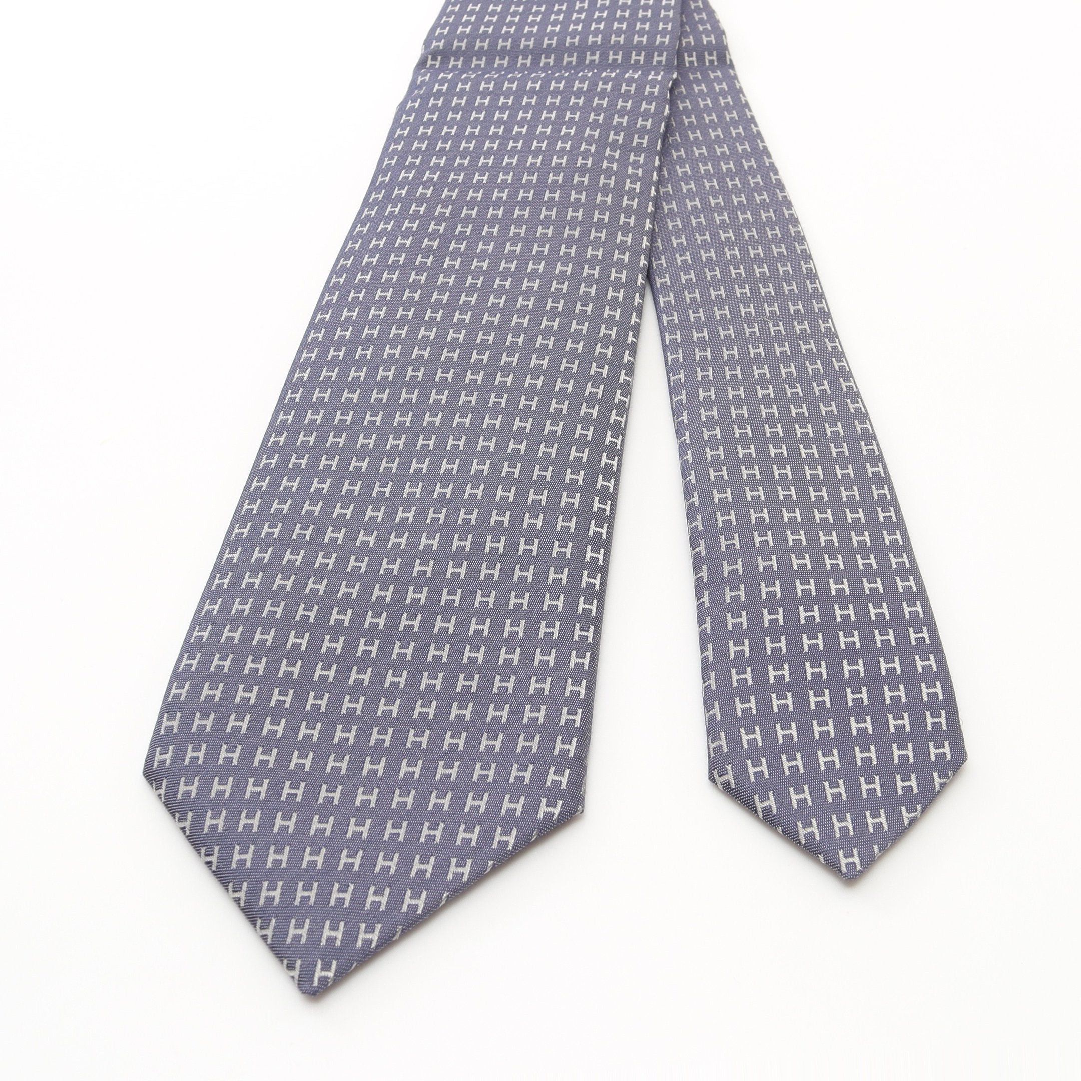 Hermes Hermes H Pattern Tie Silk Blue Gray Size ONE SIZE - 2 Thumbnail