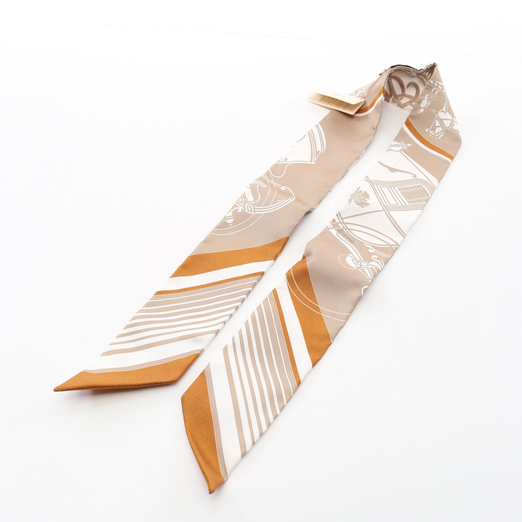 Hermes Hermes Twilly Ex-Libris Ribbon Scarf Silk Beige Size ONE SIZE - 5 Thumbnail