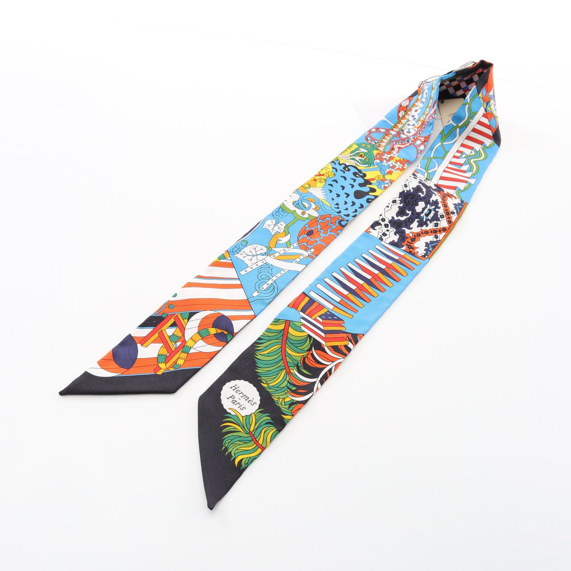 Hermes Hermes Twilly De Aux Duels Vieux Ribbon Scarf Silk Blue Black Multicolor Size ONE SIZE - 4 Thumbnail