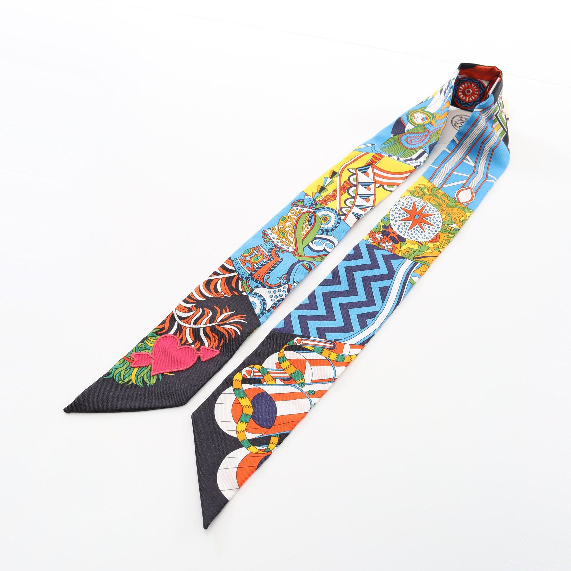 Hermes Hermes Twilly De Aux Duels Vieux Ribbon Scarf Silk Blue Black Multicolor Size ONE SIZE - 5 Thumbnail