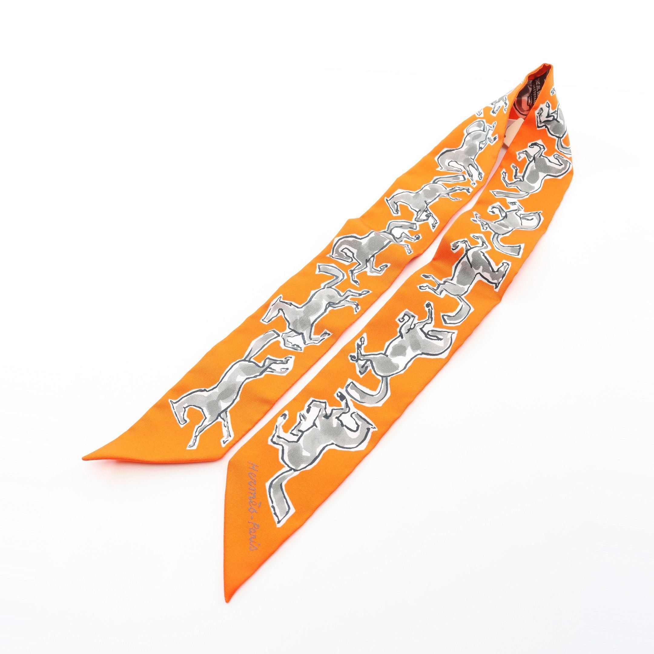 Hermes Hermes Twilly Chevaux En Liberte Ribbon Scarf Silk Orange Multicolor Size ONE SIZE - 4 Thumbnail