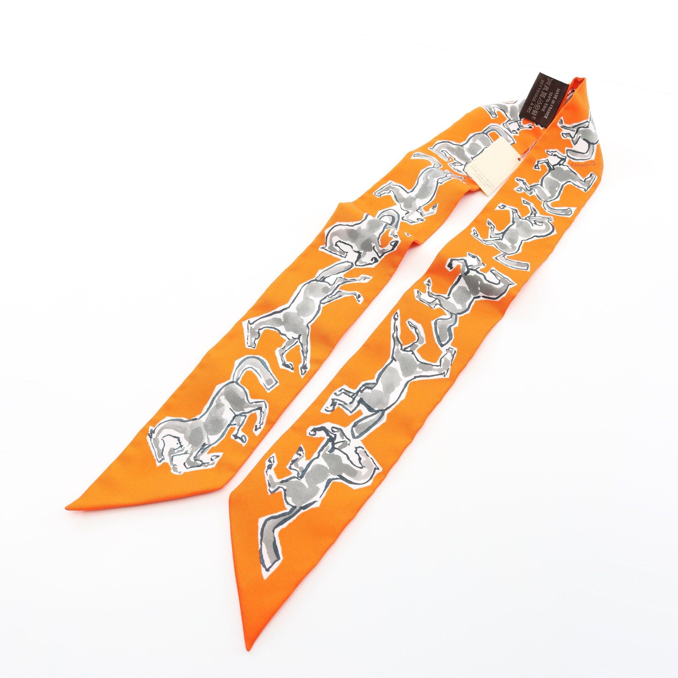 Hermes Hermes Twilly Chevaux En Liberte Ribbon Scarf Silk Orange Multicolor Size ONE SIZE - 5 Thumbnail