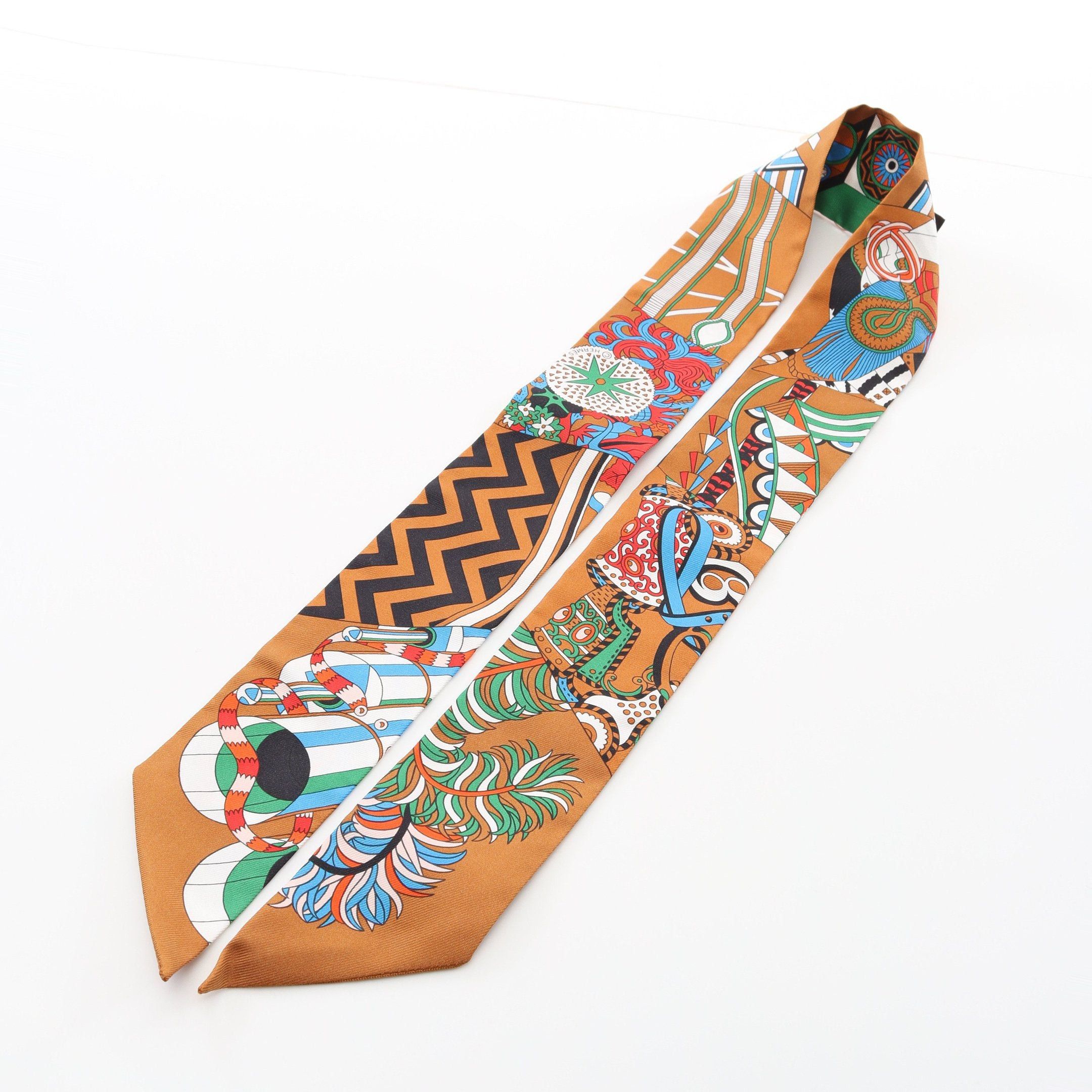 Hermes Hermes Twilly De Aux Duels Vieux Ribbon Scarf Silk Brown Multicolor Size ONE SIZE - 5 Thumbnail