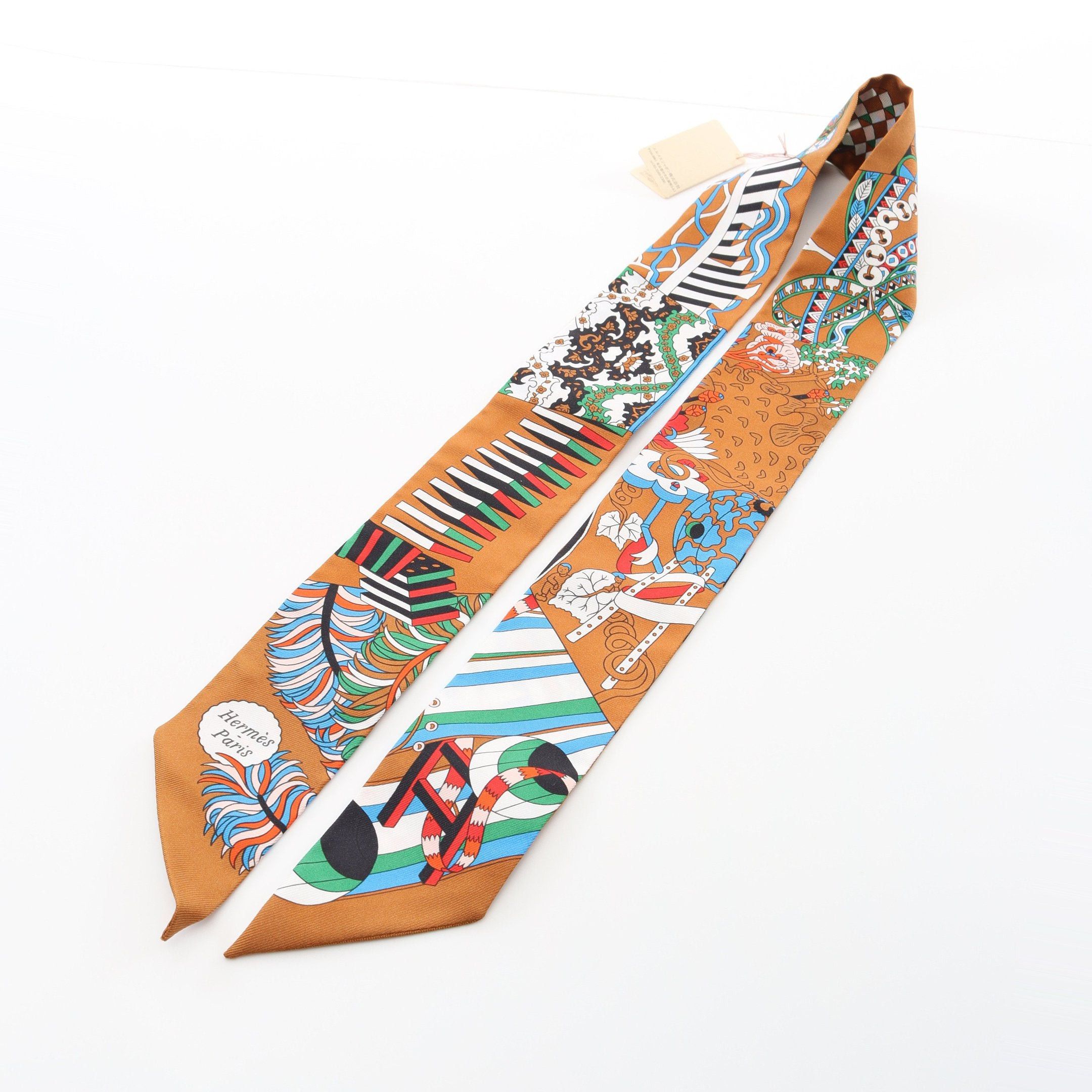 Hermes Hermes Twilly De Aux Duels Vieux Ribbon Scarf Silk Brown Multicolor Size ONE SIZE - 4 Thumbnail