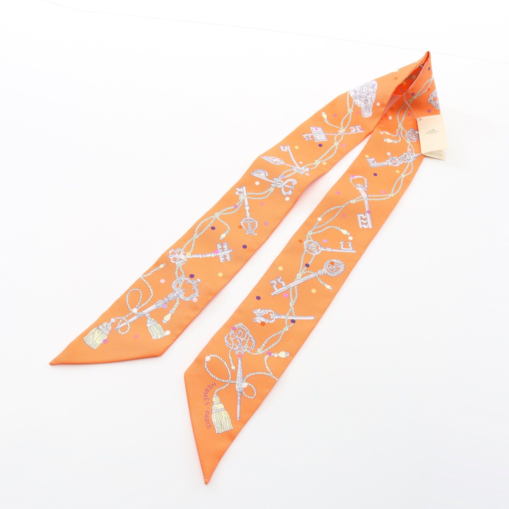 Hermes Hermes Twilly Les Cles A Pois Ribbon Scarf Silk Orange Multicolor Size ONE SIZE - 4 Thumbnail