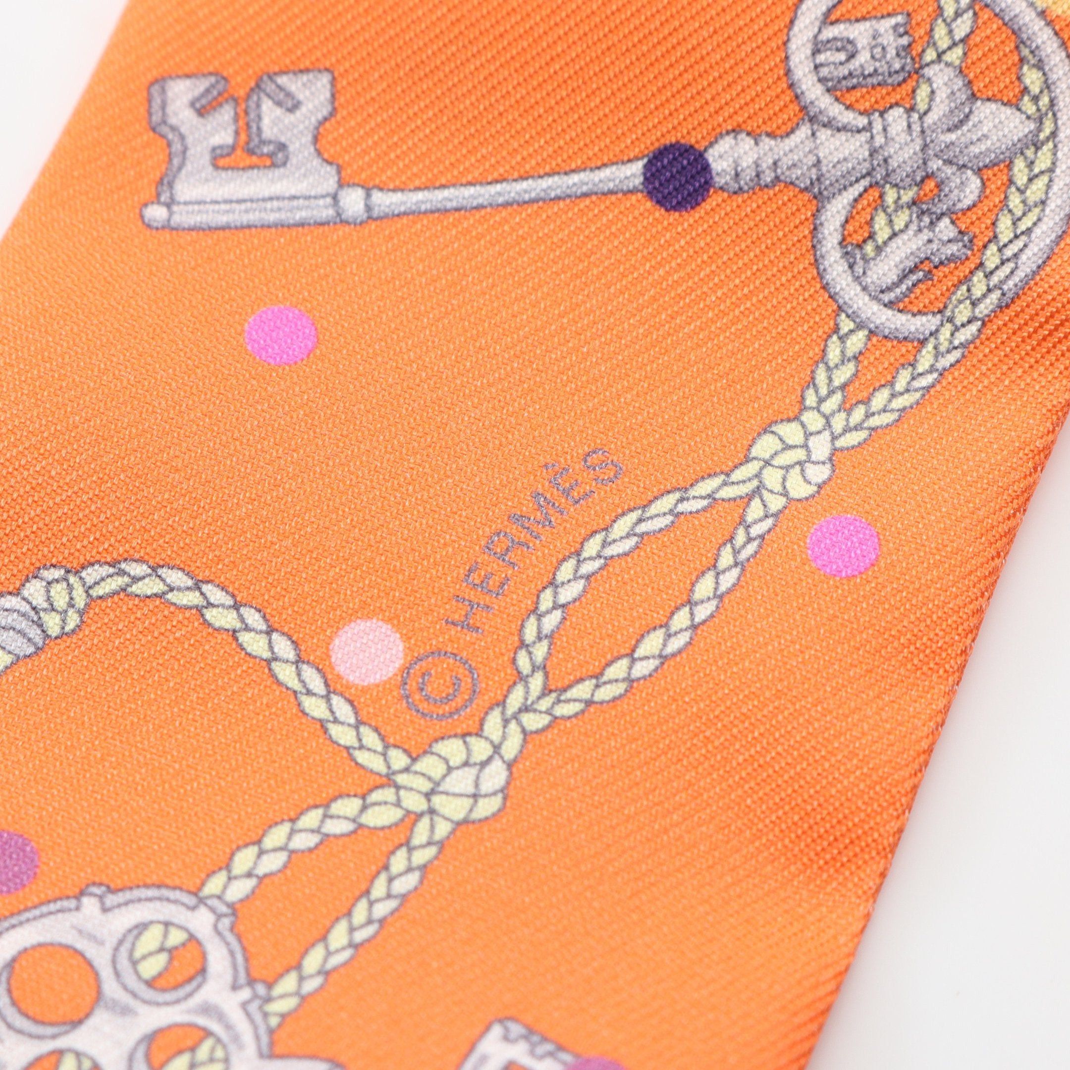 Hermes Hermes Twilly Les Cles A Pois Ribbon Scarf Silk Orange Multicolor Size ONE SIZE - 2 Thumbnail