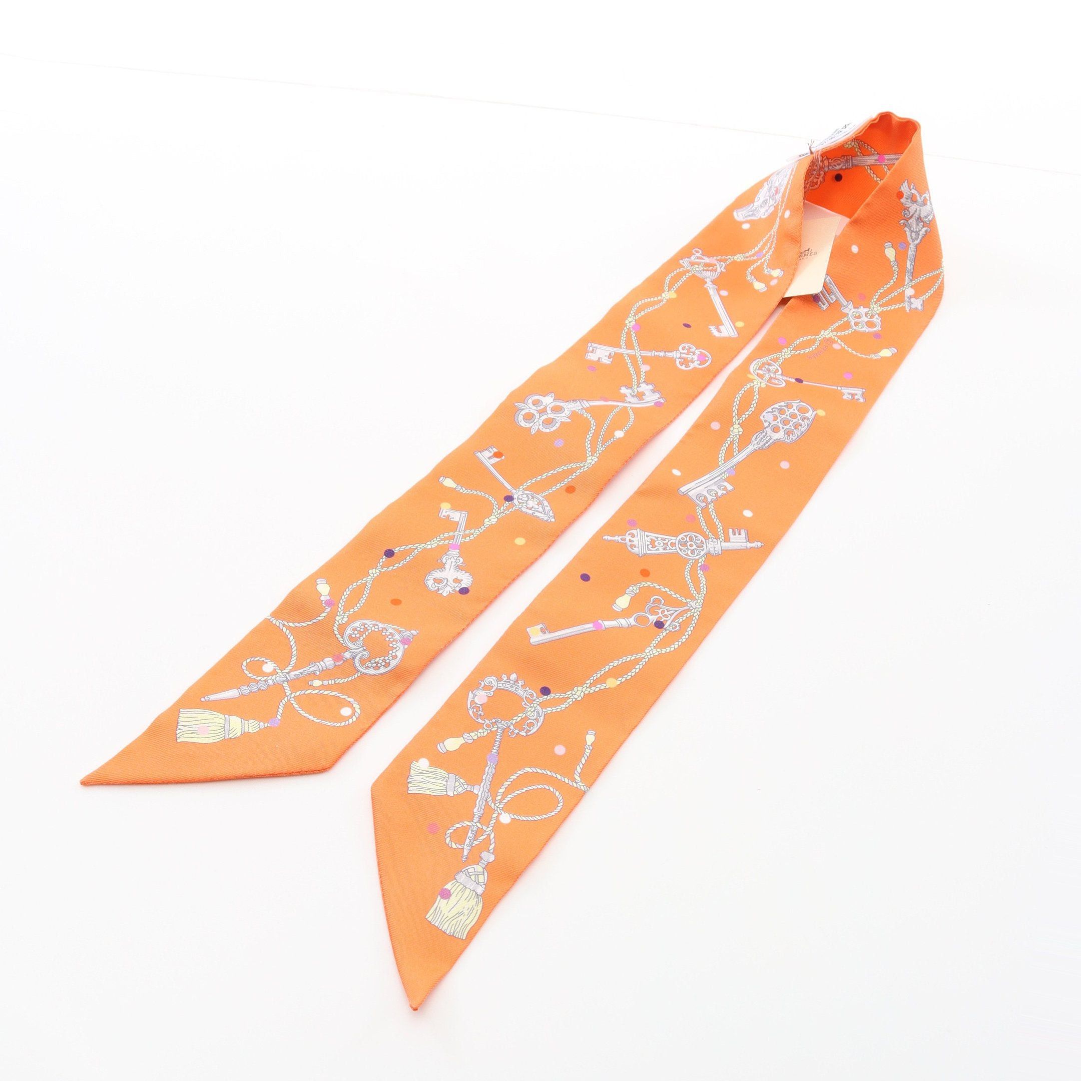 Hermes Hermes Twilly Les Cles A Pois Ribbon Scarf Silk Orange Multicolor Size ONE SIZE - 5 Thumbnail