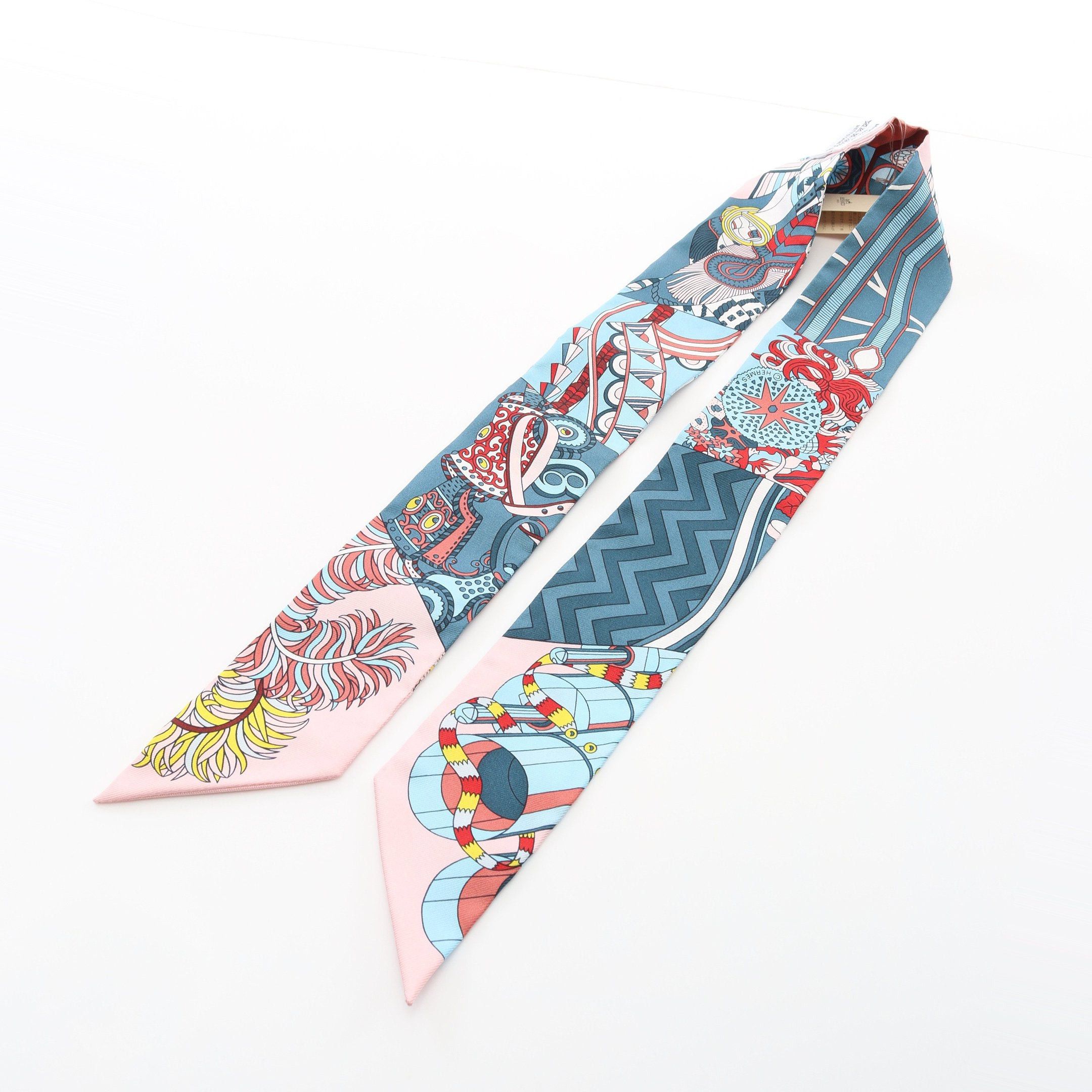 Hermes Hermes Twilly De Aux Duels Vieux Ribbon Scarf Silk Blue Green Multicolor Size ONE SIZE - 5 Thumbnail