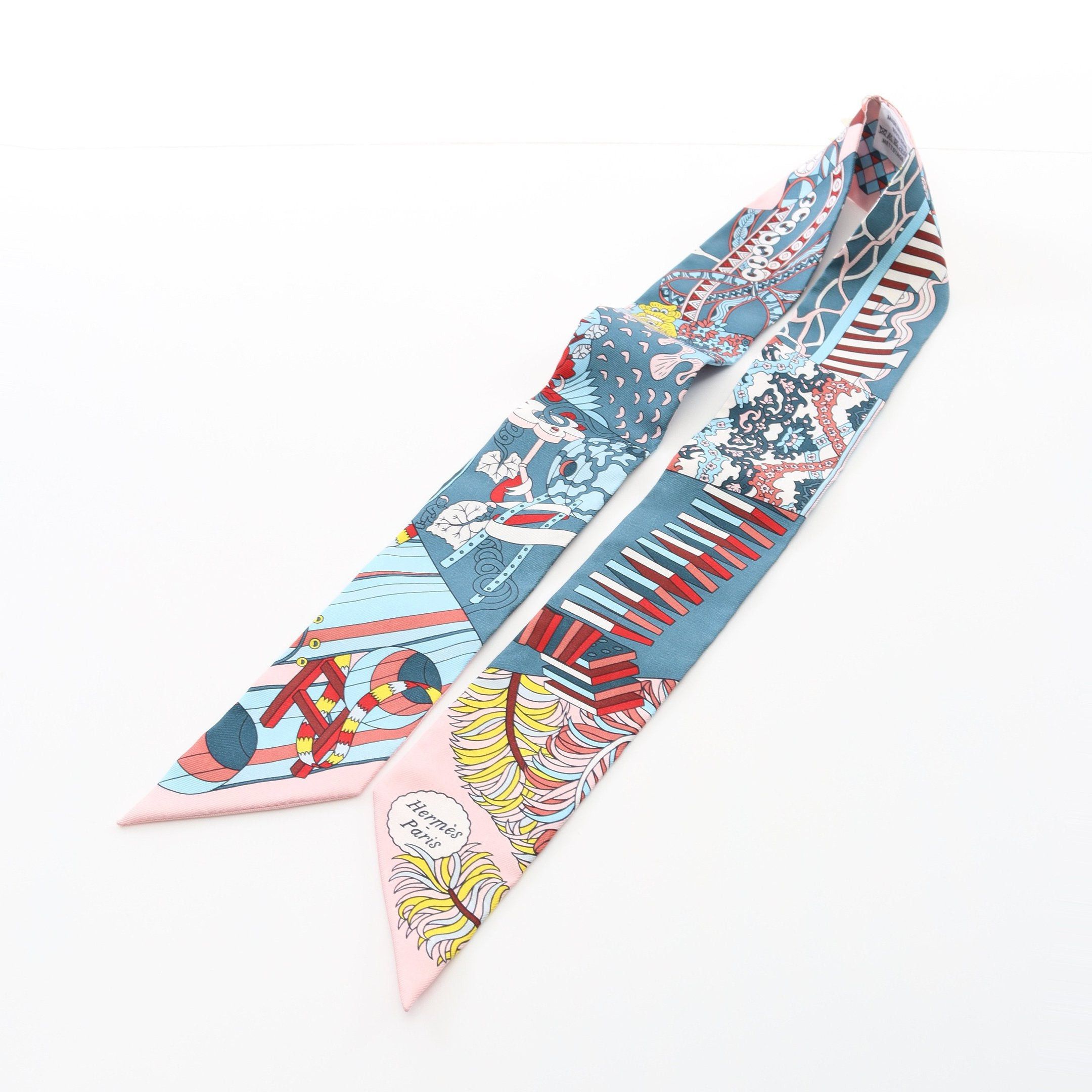 Hermes Hermes Twilly De Aux Duels Vieux Ribbon Scarf Silk Blue Green Multicolor Size ONE SIZE - 4 Thumbnail