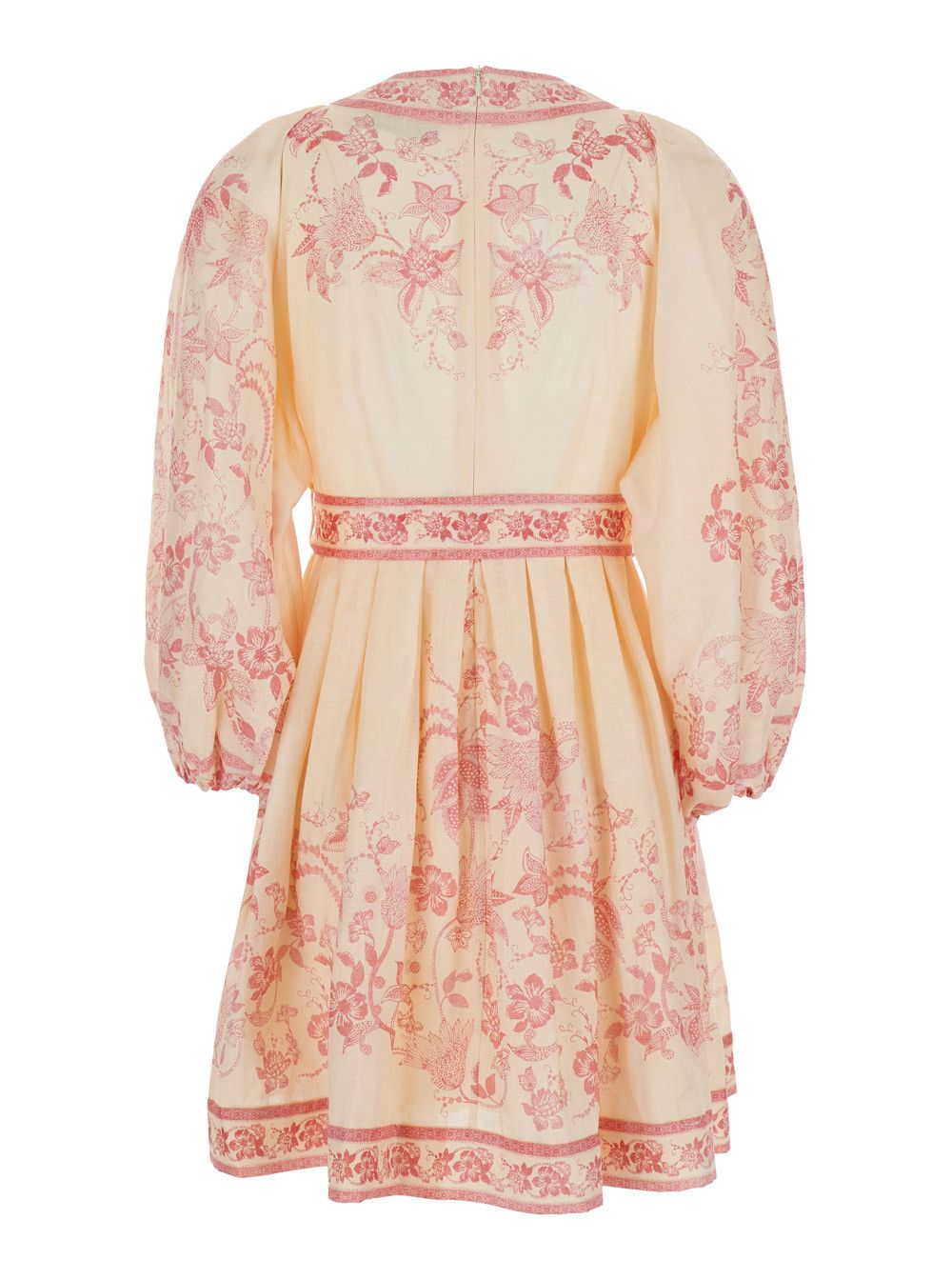 Zimmermann 'Lucky' Pink Mini Dress with V Neck and All-Over Floral Print in Linen Woman Size S / US 4 / IT 40 - 2 Thumbnail