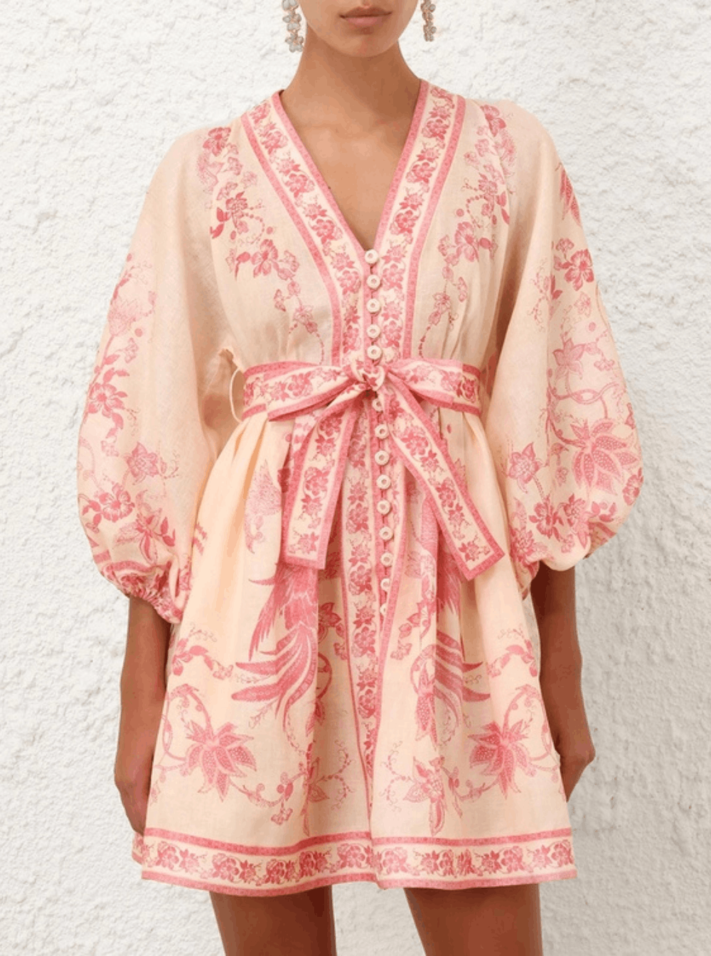 Zimmermann 'Lucky' Pink Mini Dress with V Neck and All-Over Floral Print in Linen Woman Size S / US 4 / IT 40 - 4 Thumbnail