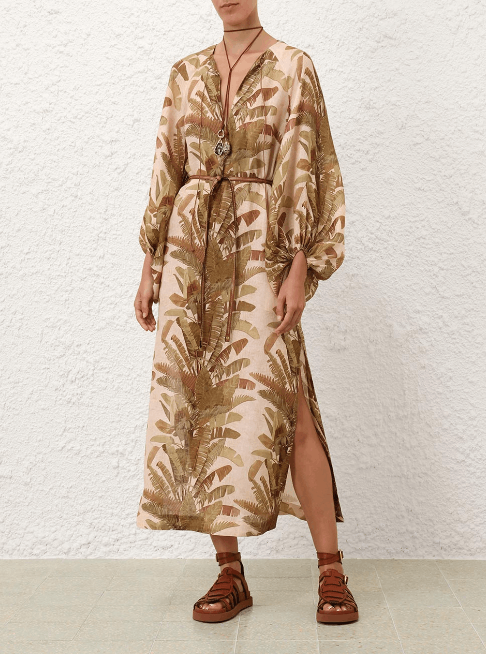Zimmermann 'Ascension' Brown Dress with Puffed Sleeves and All-Over Palm Print in Linen Woman Size XL / US 12-14 / IT 48-50 - 4 Thumbnail