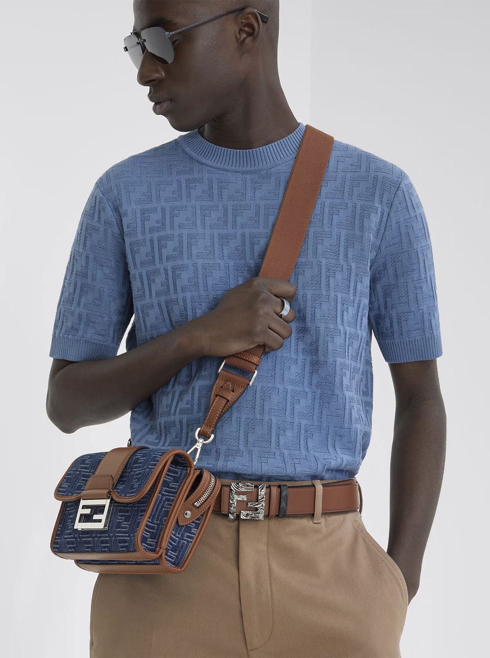 Fendi 'Baguette Double' Blue Crossbody Bag With Magnetic FF Closure And All-Over Motif In Blue Cotton Man Size ONE SIZE - 6 Thumbnail