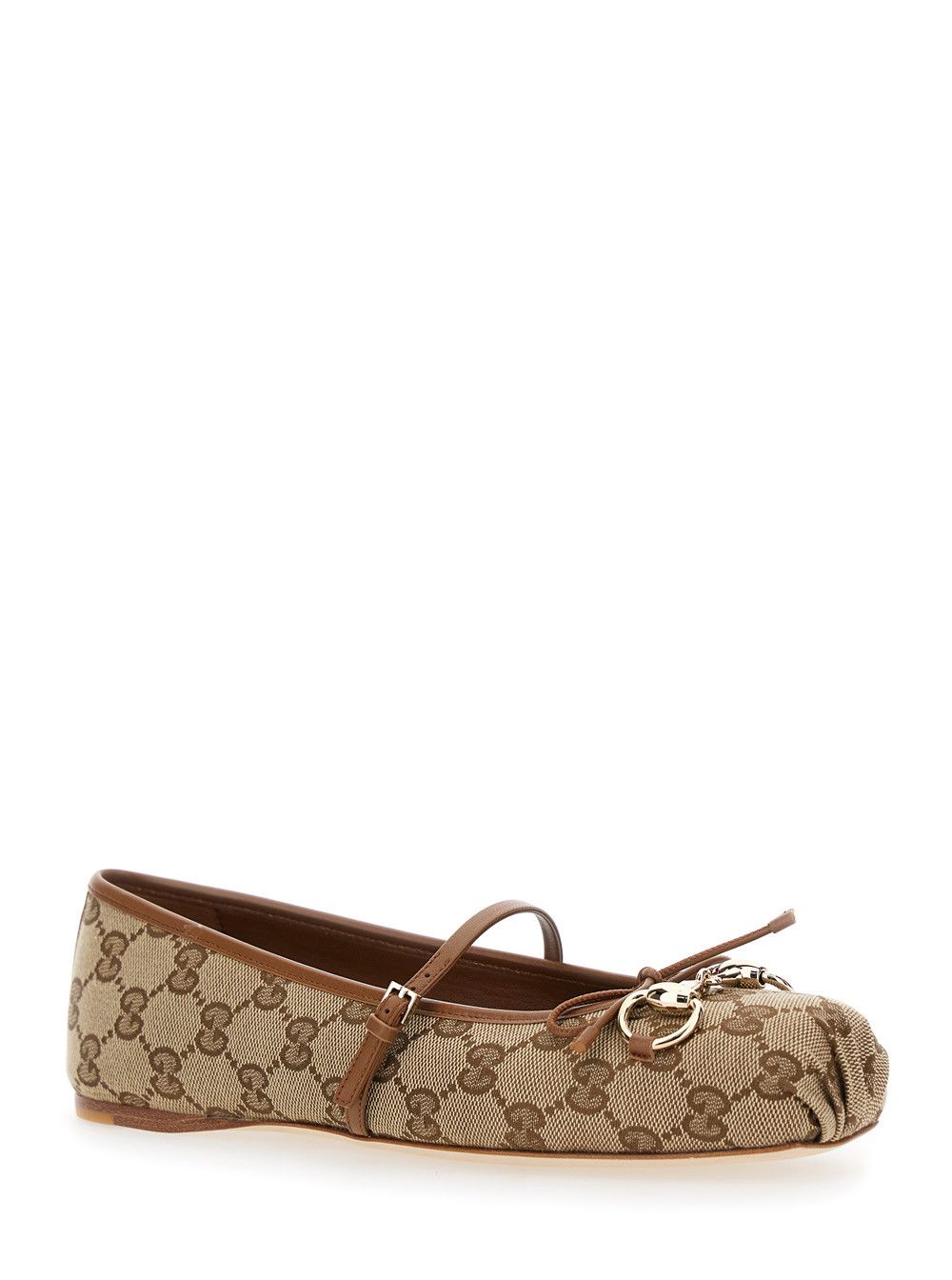 Brown Ballet Shoes with Horsebit and Bow on the Front in GG Canvas