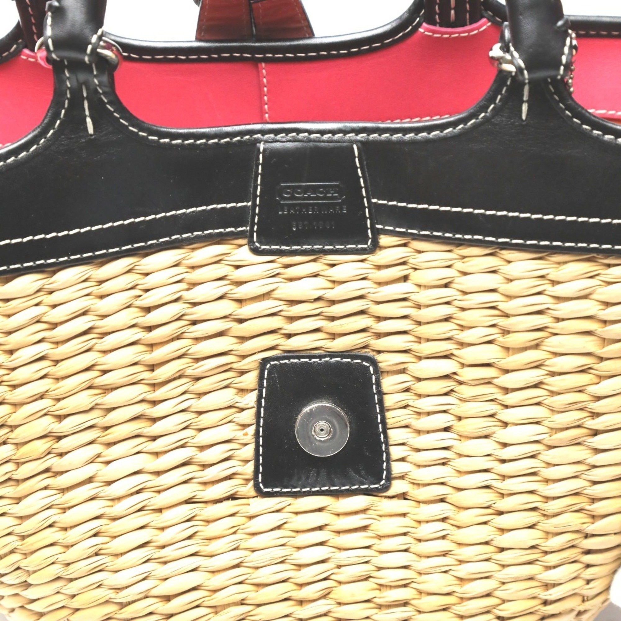 Coach COACH Handbag Straw x Leather Tote Bag Basket 6271 Brown Black Size ONE SIZE - 8 Thumbnail