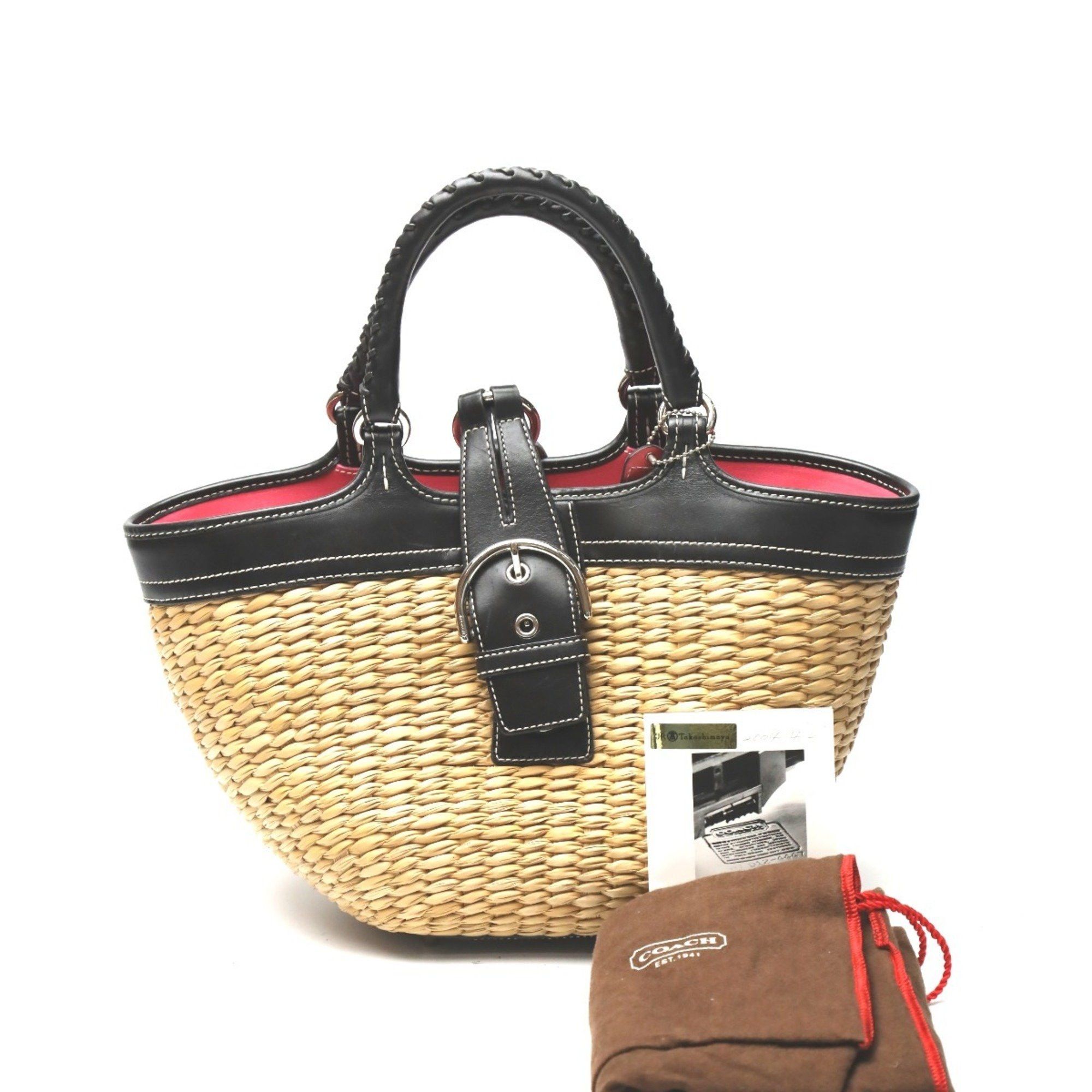 Coach COACH Handbag Straw x Leather Tote Bag Basket 6271 Brown Black Size ONE SIZE - 2 Thumbnail