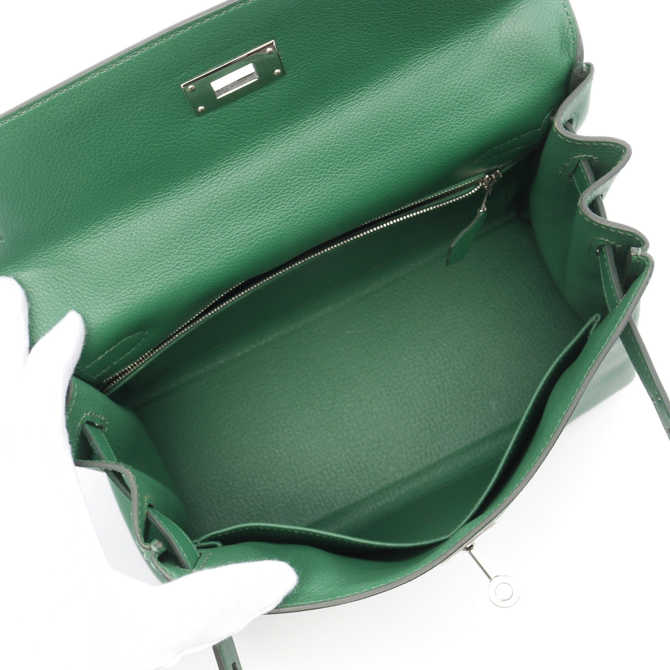 Hermes Kelly28 Bamboo Handbag Evercolor Green Silver Hardware