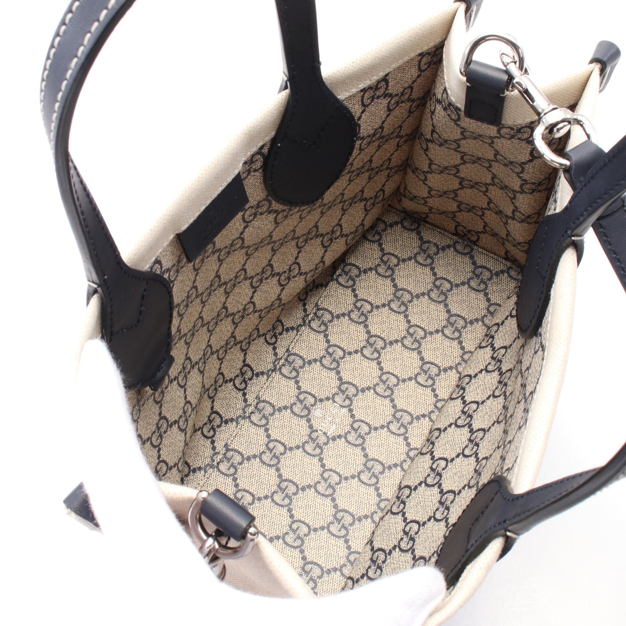 Gucci Print Mini Handbag Tote Bag Canvas Leather Ivory Dark Navy