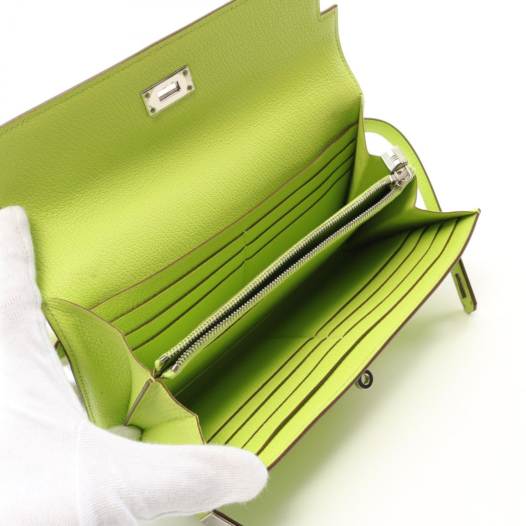 Hermes Hermes Kelly Wallet Apple Green Trifold Long Chevre Yellow-Green Silver Hardware Stamp Size ONE SIZE - 3 Thumbnail