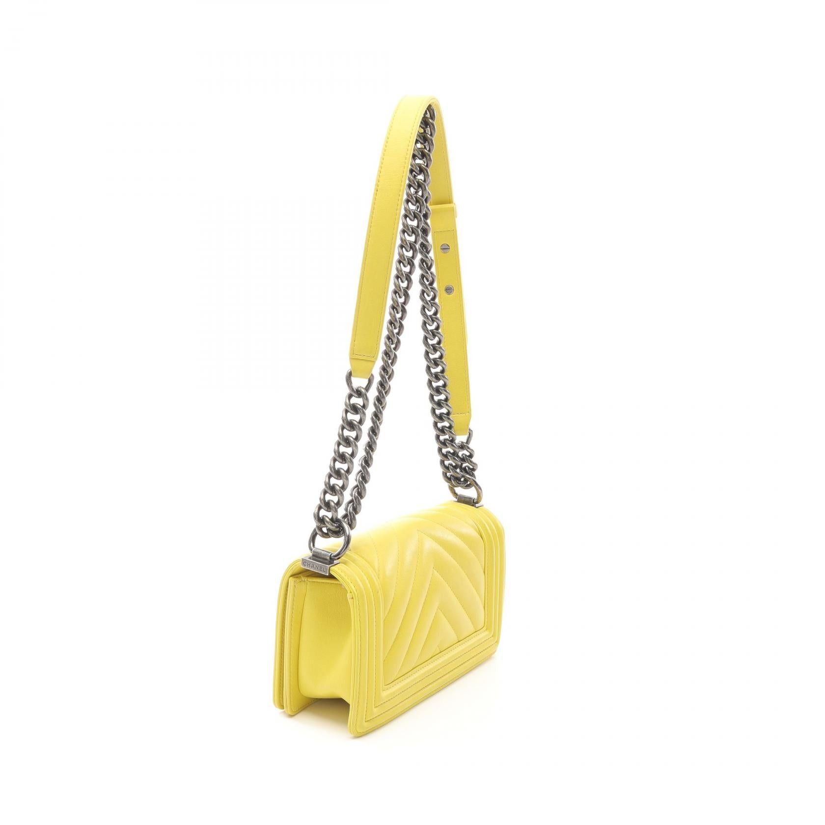 Chanel Chanel Boy Chanel Small Chevron V-Stitch Chain Shoulder Bag Lambskin Yellow Antique Silver Hardware Size ONE SIZE - 2 Thumbnail