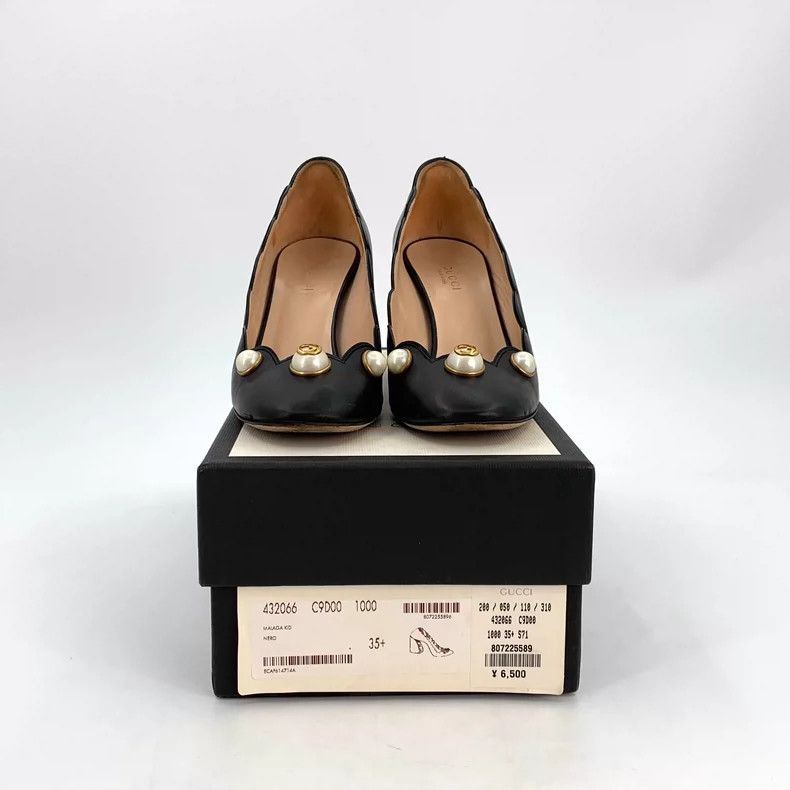 Gucci Gucci Black Leather Pearl Heeled Shoes Size US 5 / IT 35 - 8 Thumbnail