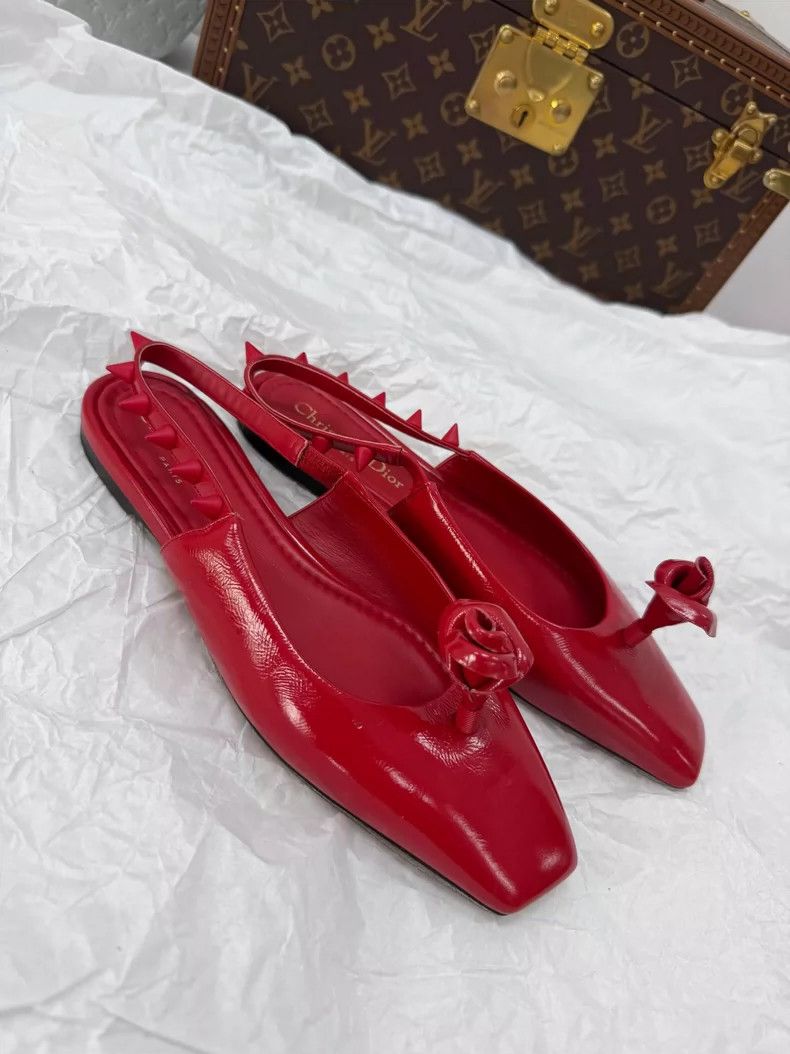 Dior Dior Red Flat Shoes with Flower Detail Size US 6 / IT 36 - 3 Thumbnail