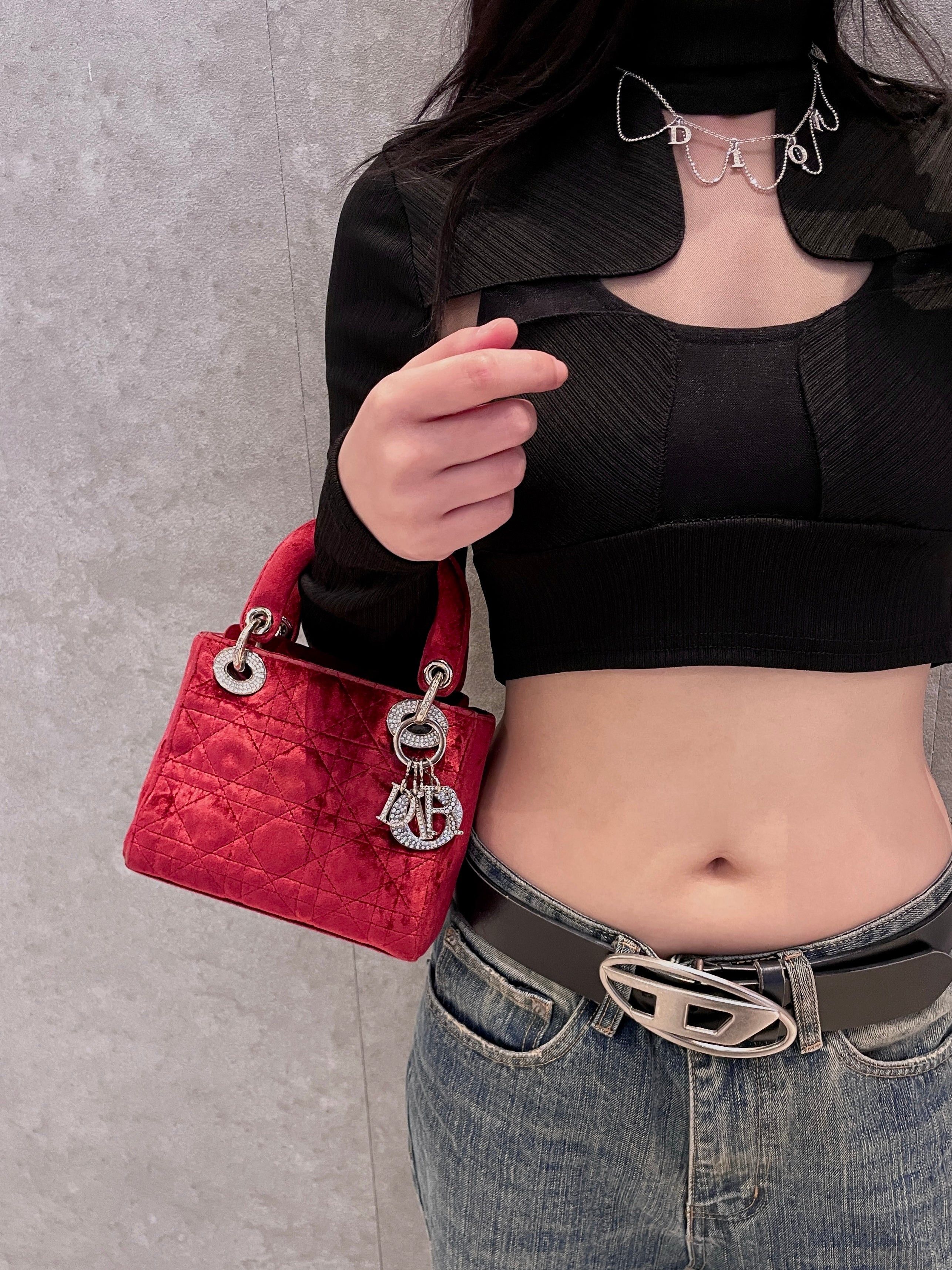 Dior Christian Dior Cannage Ladydior Rhinestone Pendant Mini Handbag Red &Amp; Silver Size ONE SIZE - 3 Thumbnail