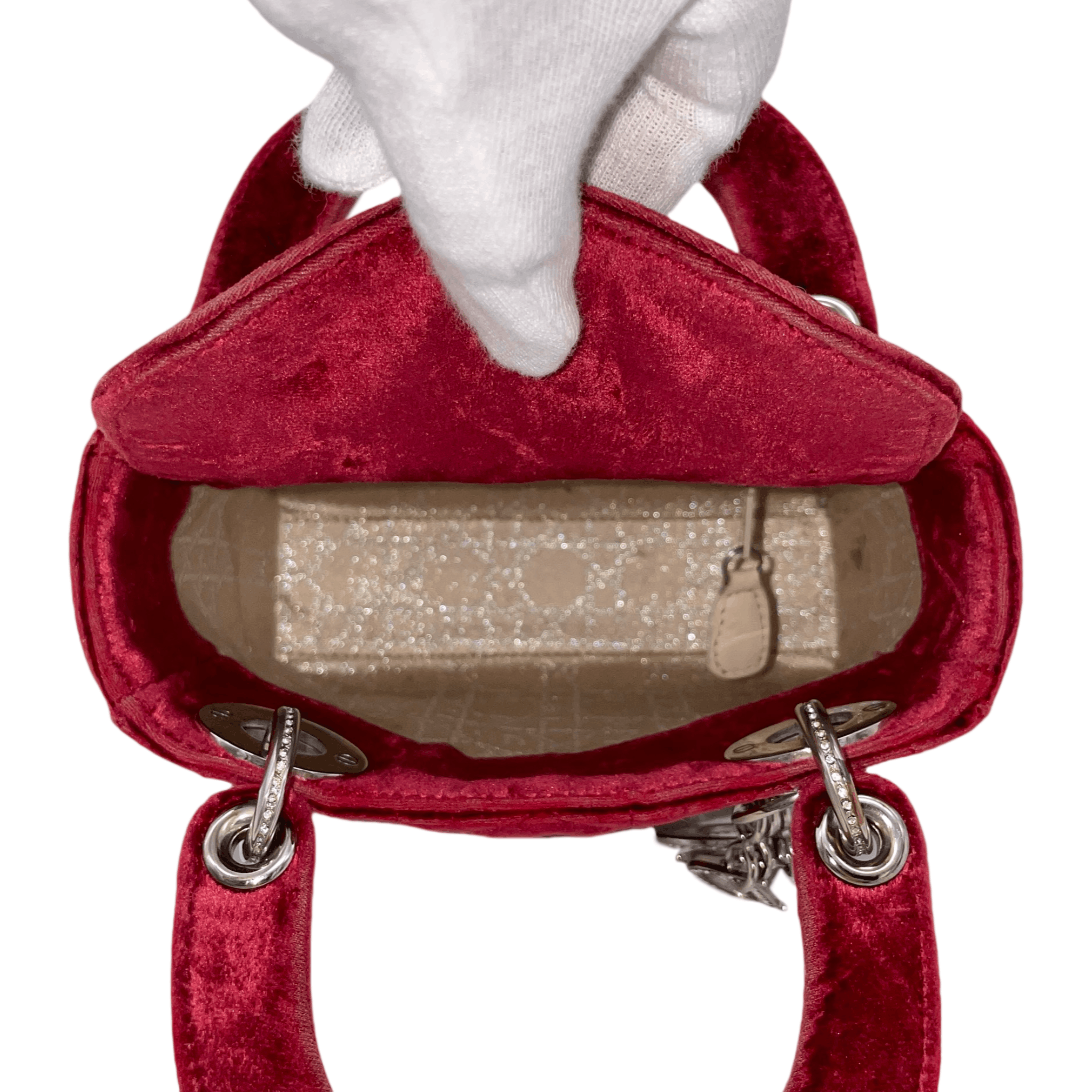 Dior Christian Dior Cannage Ladydior Rhinestone Pendant Mini Handbag Red &Amp; Silver Size ONE SIZE - 14 Thumbnail