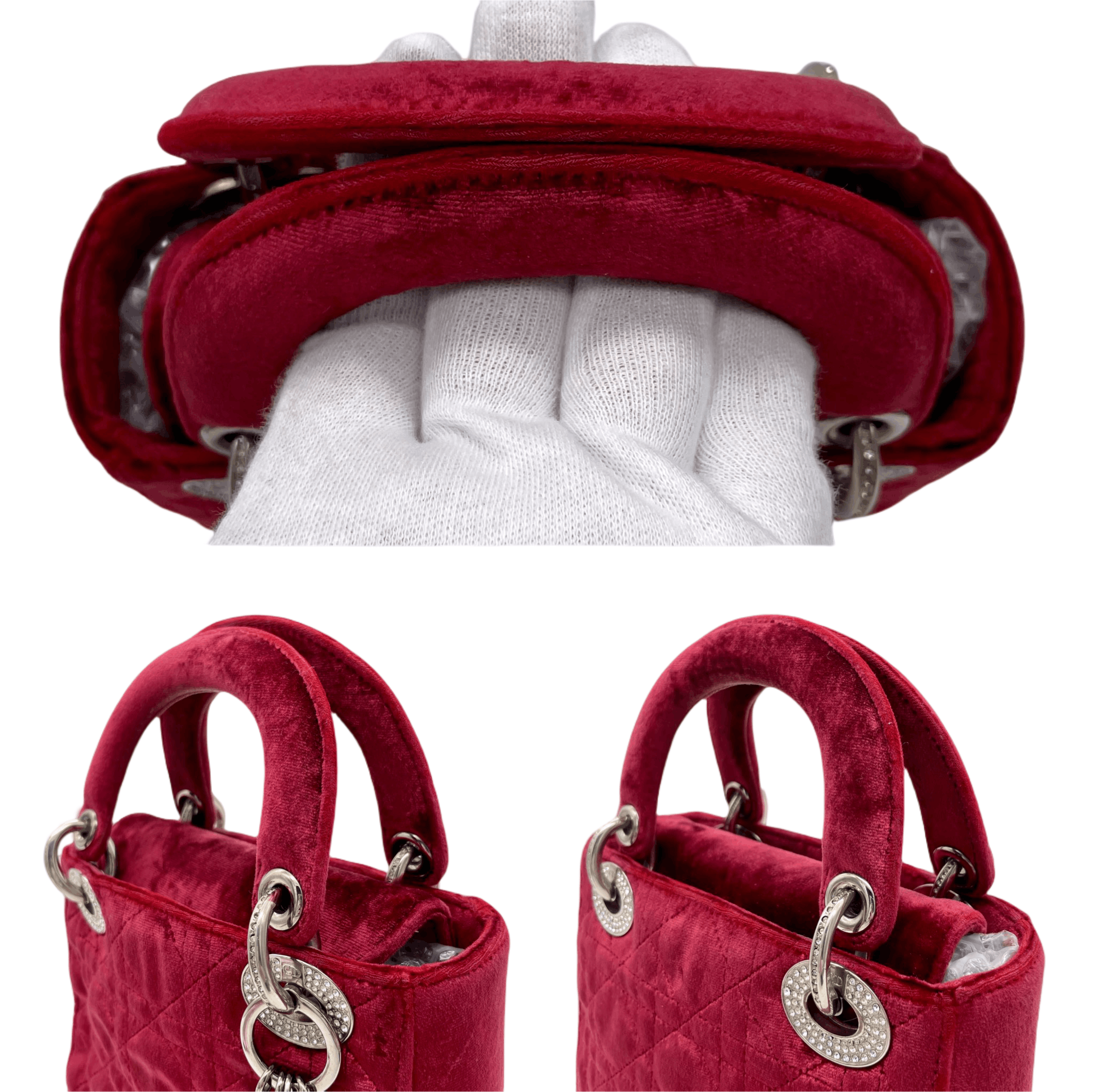 Dior Christian Dior Cannage Ladydior Rhinestone Pendant Mini Handbag Red &Amp; Silver Size ONE SIZE - 8 Thumbnail