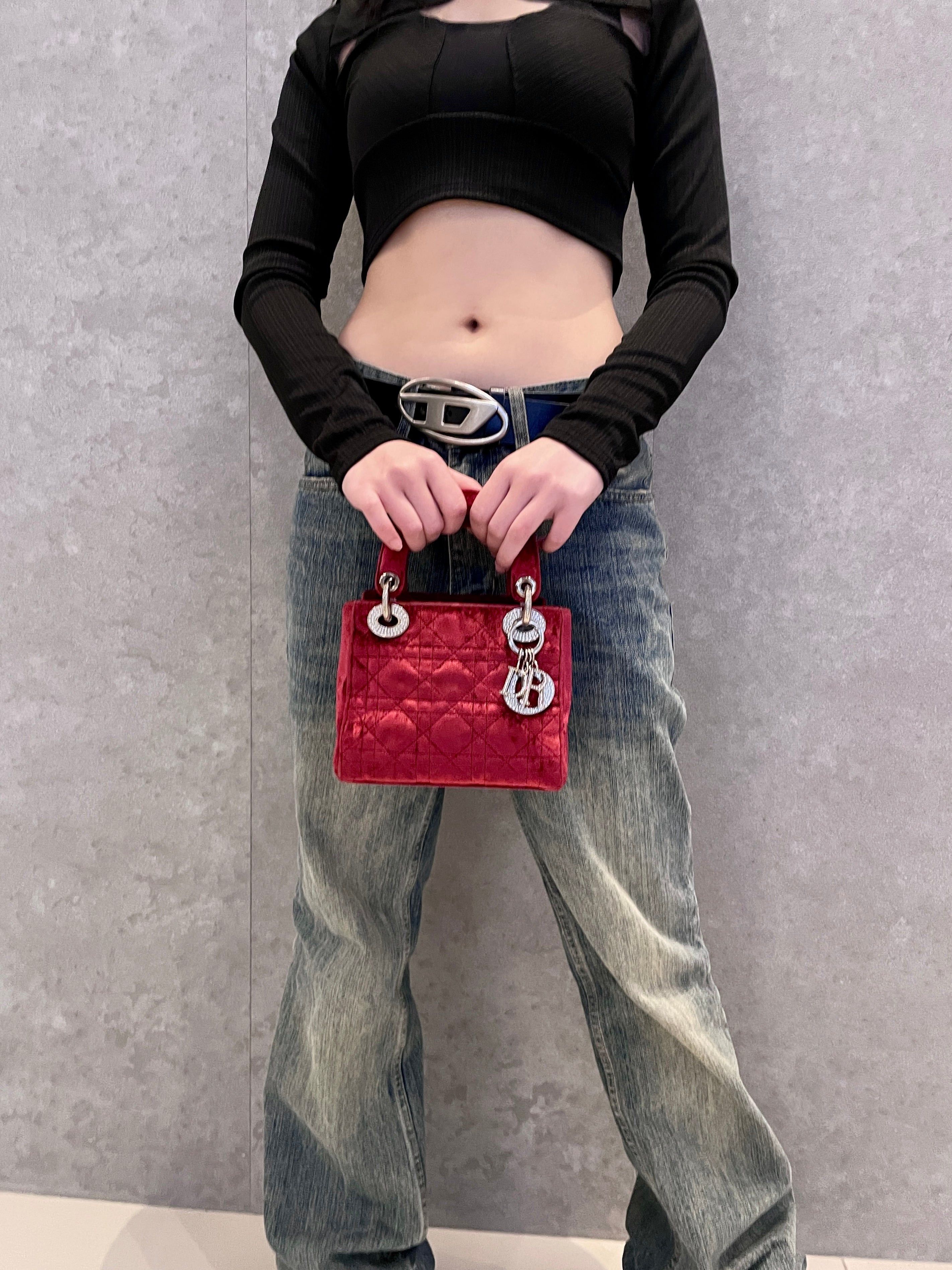 Dior Christian Dior Cannage Ladydior Rhinestone Pendant Mini Handbag Red &Amp; Silver Size ONE SIZE - 2 Thumbnail