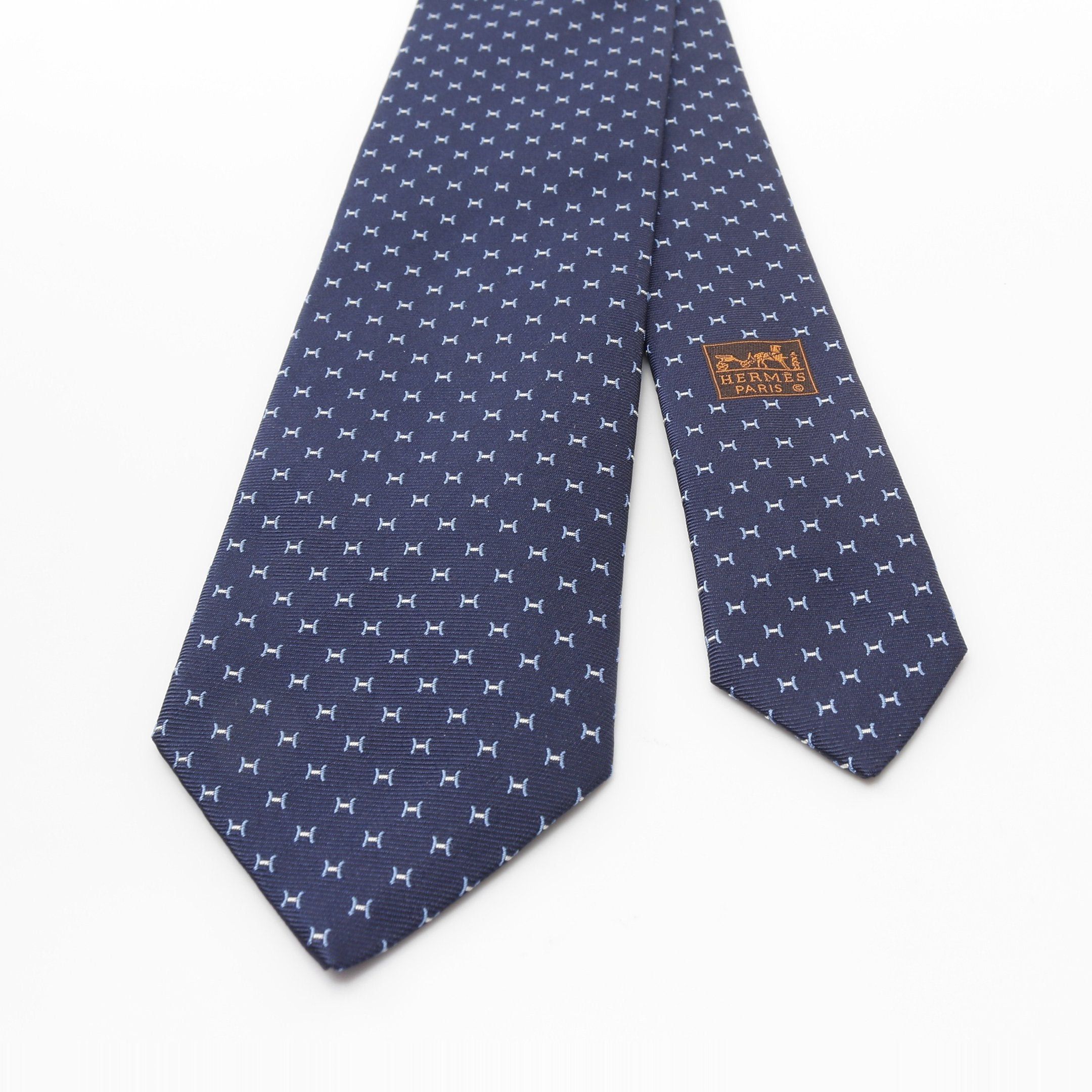 Hermes Hermes H Pattern Tie Silk Navy Blue Size ONE SIZE - 2 Thumbnail